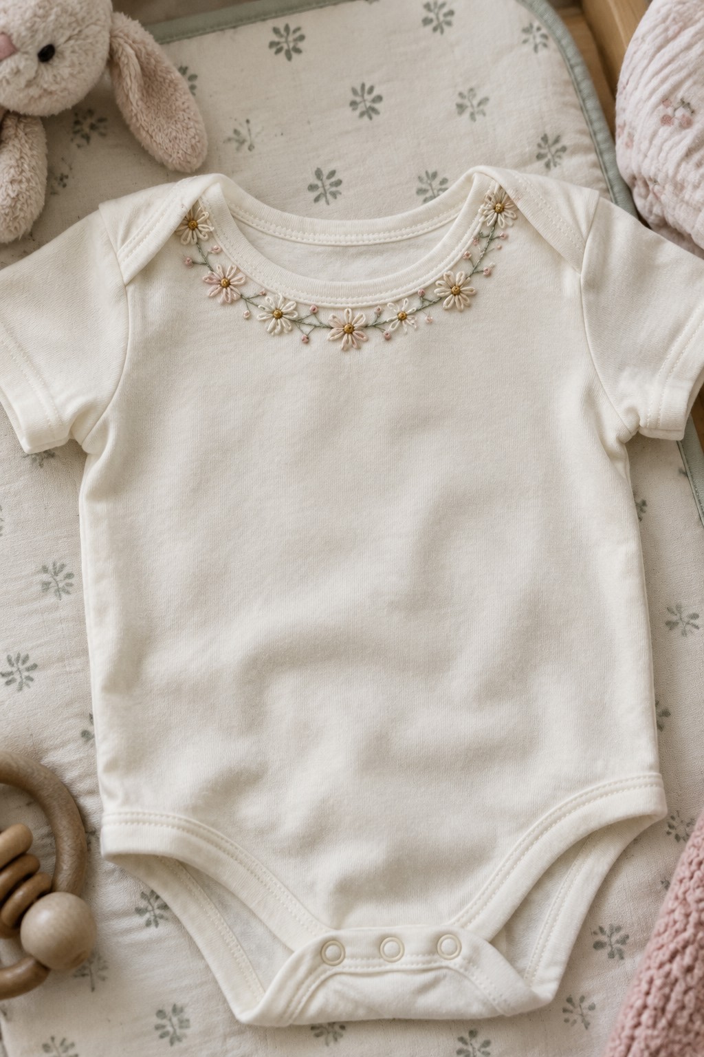 An ivory baby bodysuit with a small embroidered daisy garland around the neckline.