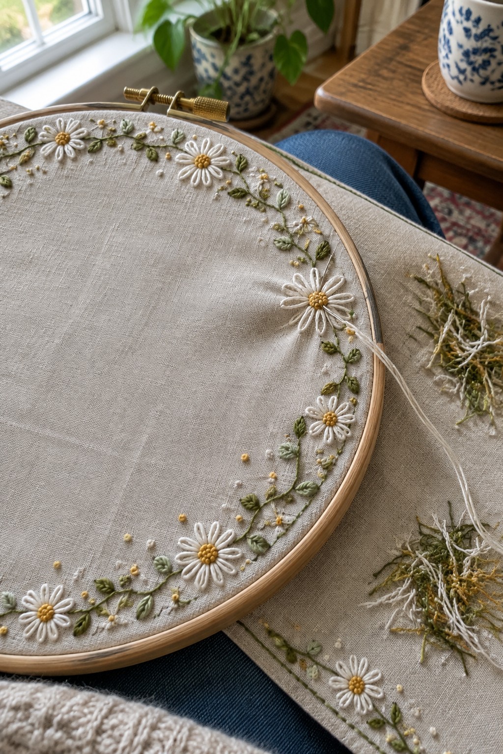Linen embroidery hoop with a curved border of white daisies, green leaves, and small yellow buds.