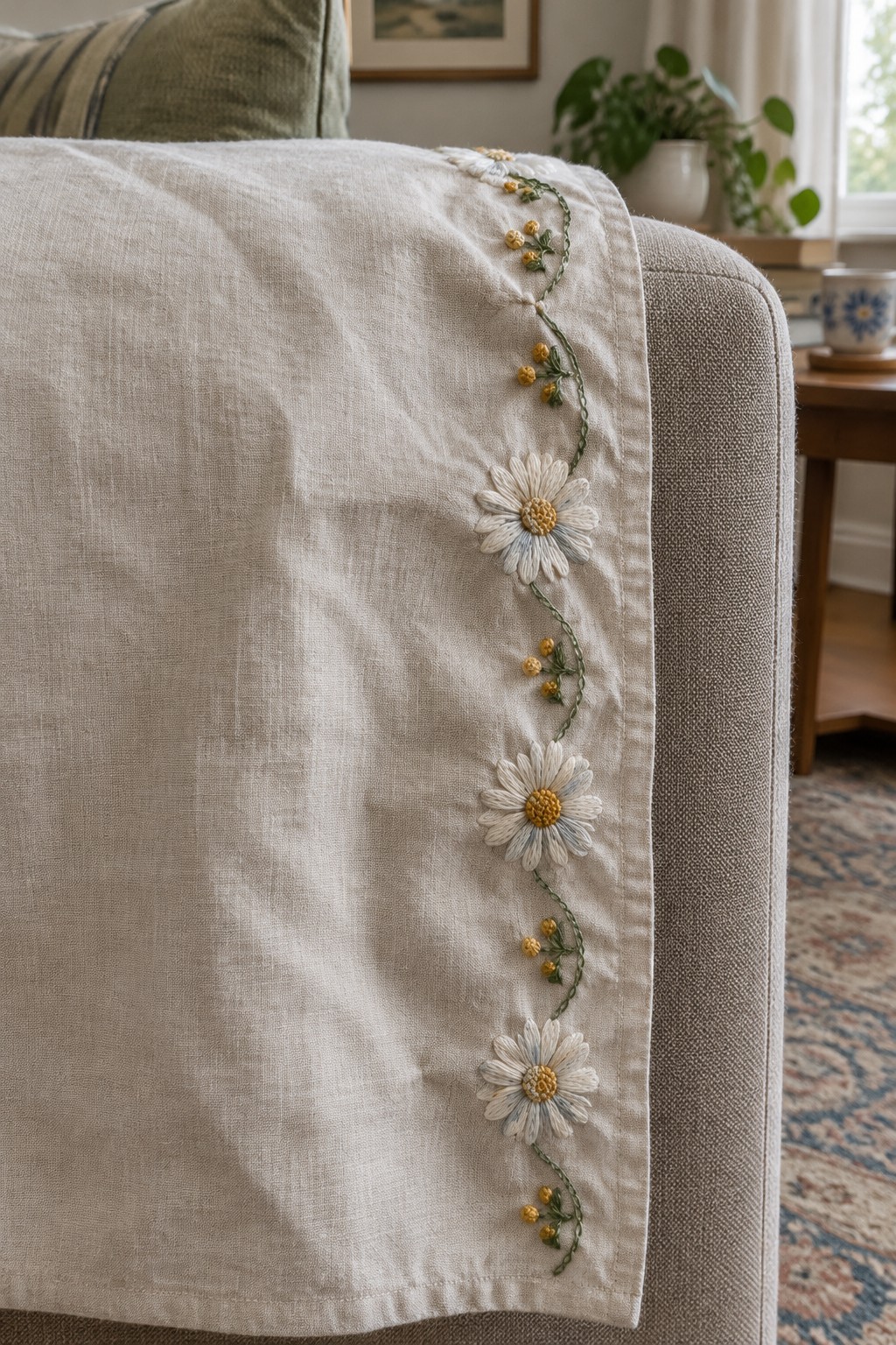 A cream linen throw with an embroidered border of white daisies, yellow flower clusters, and green vines draped over a sofa.