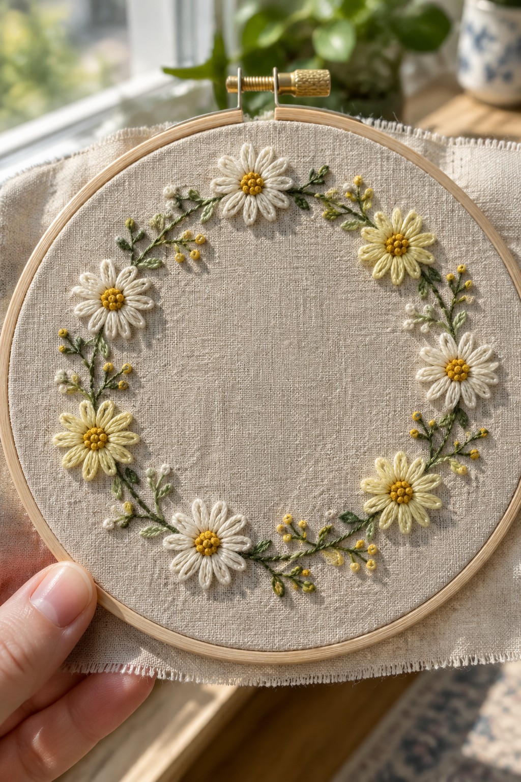 A wooden embroidery hoop holds a linen panel stitched with a circular border of cream and yellow daisies with green leaves.