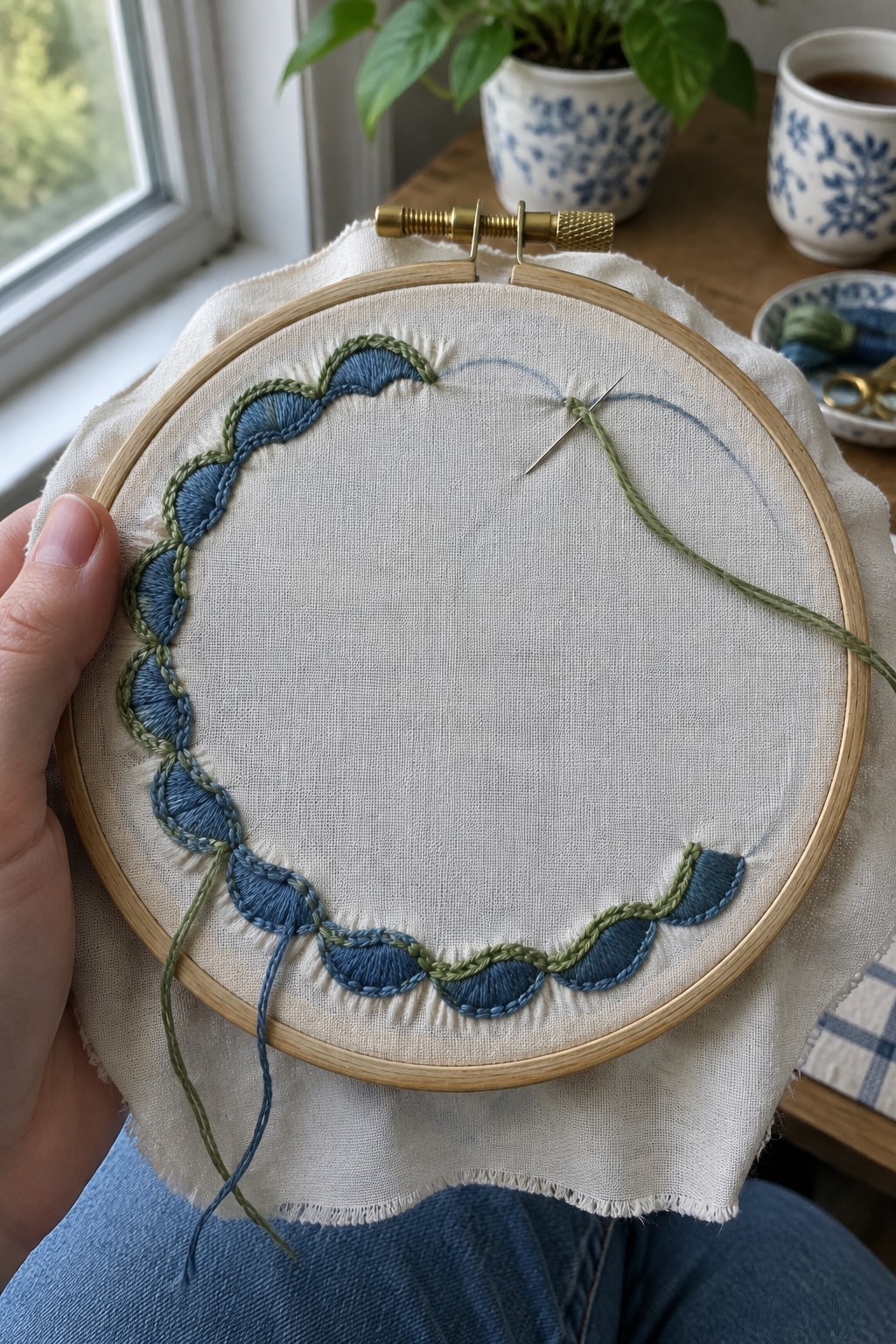 Blue scalloped embroidery with green edging curves around the edge of linen stretched in a wooden hoop.