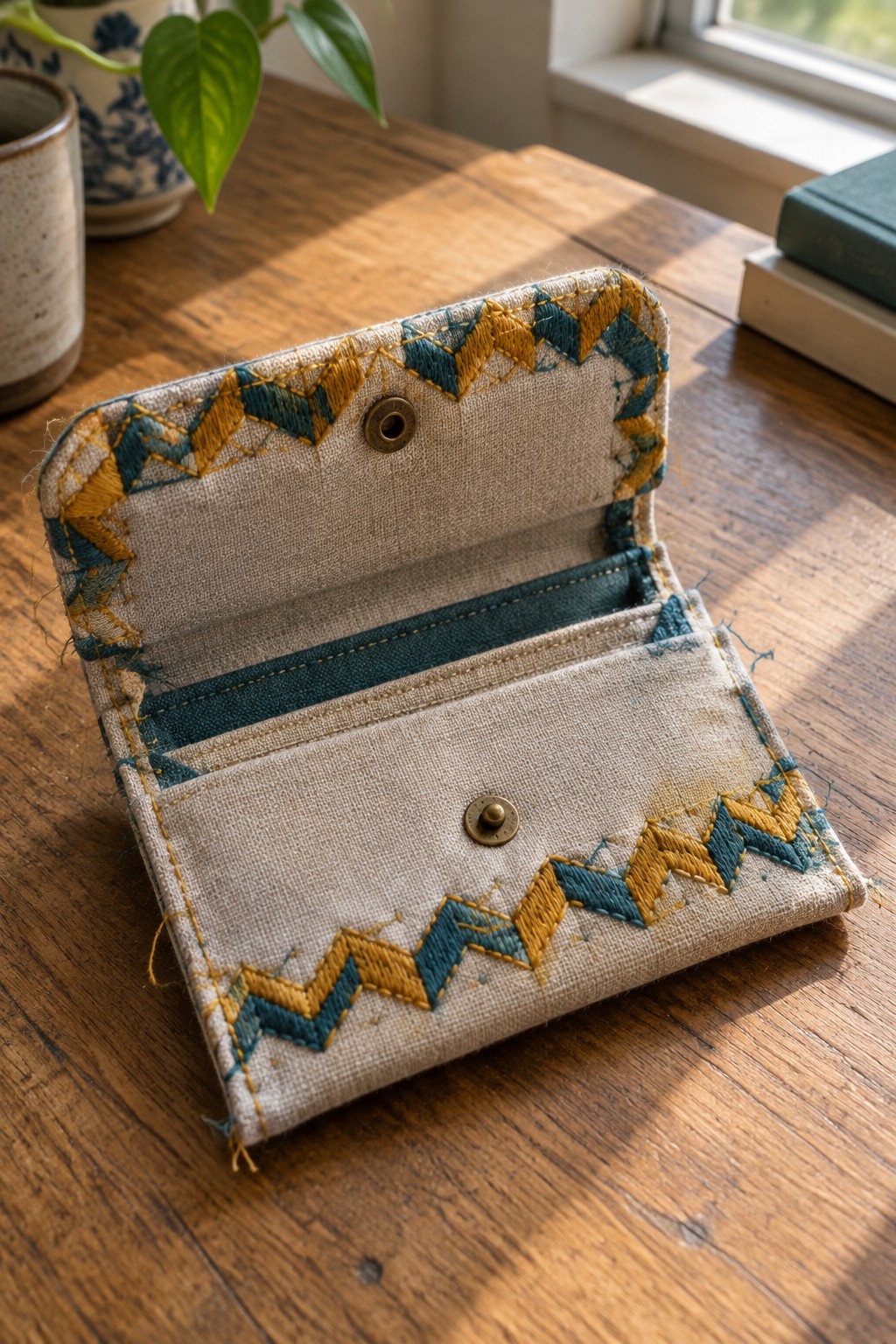 An open beige fabric wallet with teal and mustard chevron embroidery along its edges rests on a wooden table.