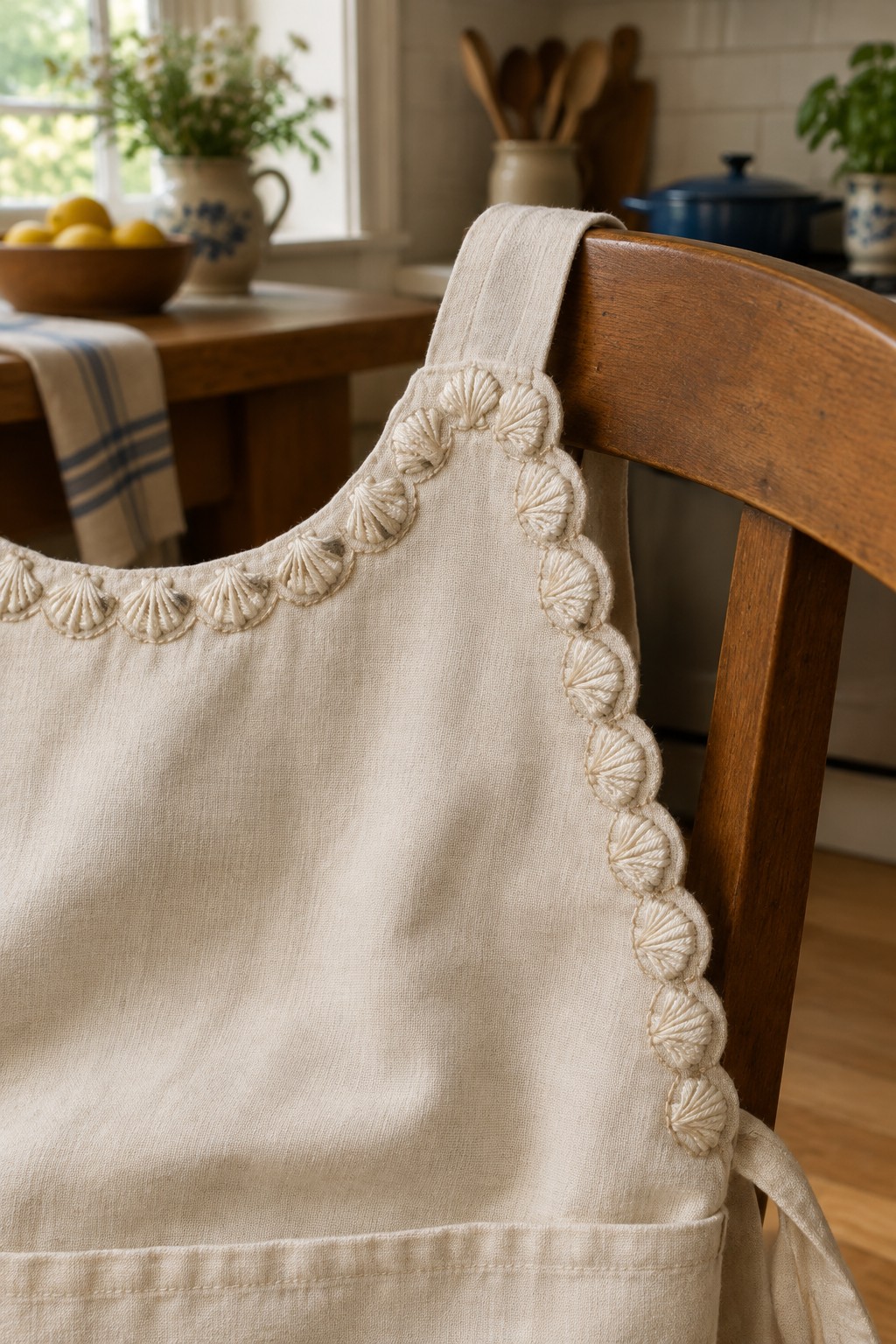 Cream apron with a raised fan-shaped embroidered border draped over a wooden chair in a kitchen.