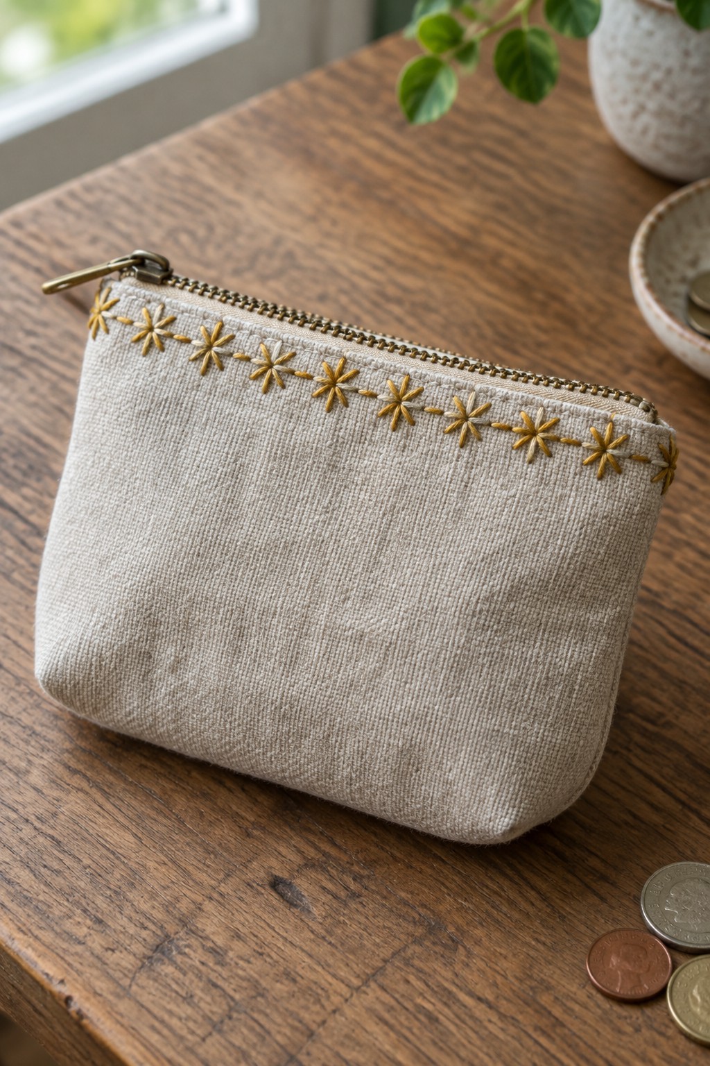 A beige linen zipper pouch with a row of gold embroidered daisies on a wooden table.