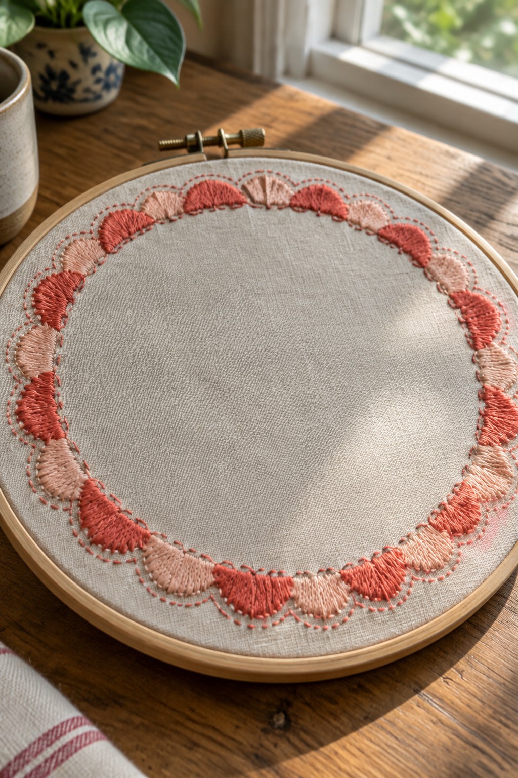 A wooden embroidery hoop holds an alternating coral and blush scalloped border stitched around the edge of plain fabric.