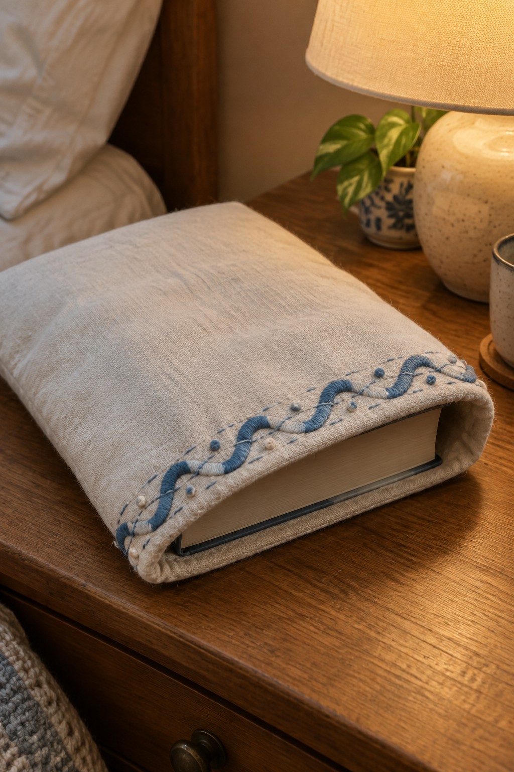 A blue wavy embroidered border decorates the edge of a beige fabric cover wrapped around a book on a wooden bedside table.