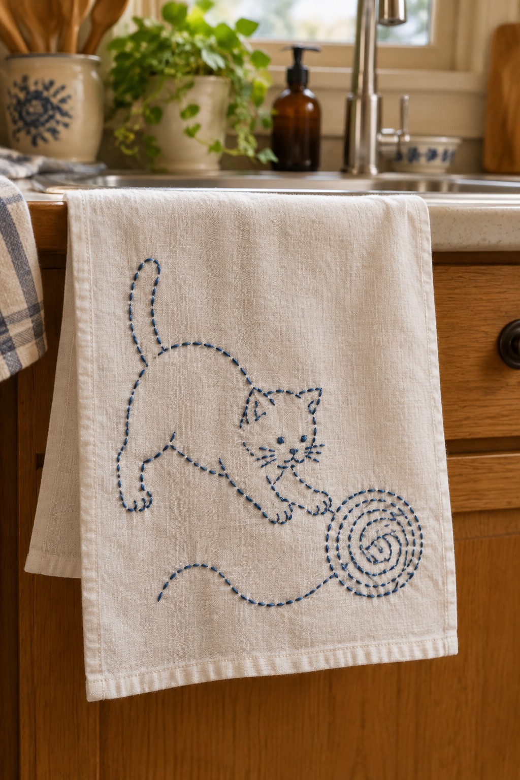 A white kitchen towel embroidered with a blue dashed cat outline and spiral tail hangs over a wooden cabinet.