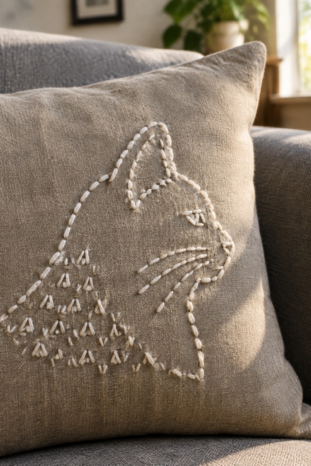 A beige cushion with a white stitched cat outline rests on a gray sofa.