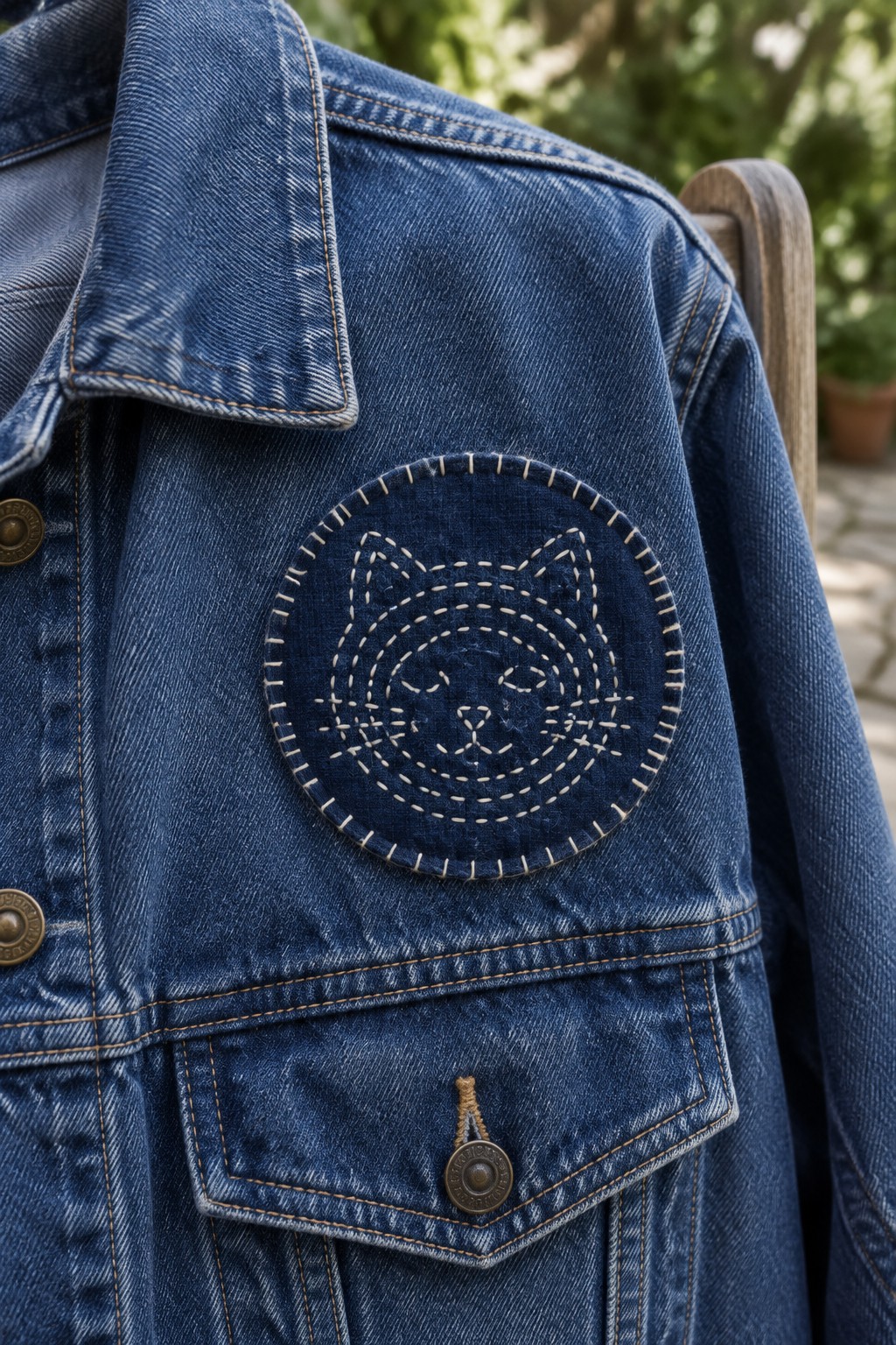 A dark blue circular patch with a white stitched cat face is attached to the chest of a denim jacket.