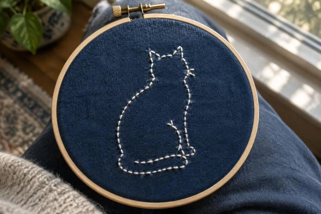 20 Minimalist Sashiko Cat Embroidery Patterns White stitched outline of a sitting cat on dark denim stretched in a wooden embroidery hoop.