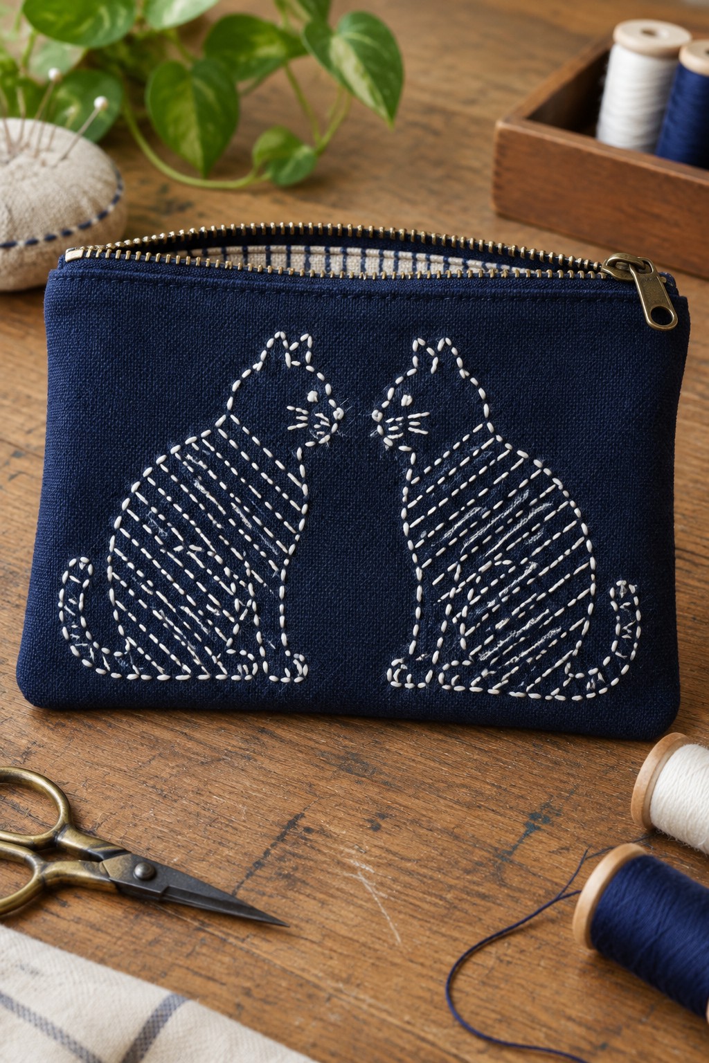 A navy zipper pouch embroidered with two white striped cats facing each other.