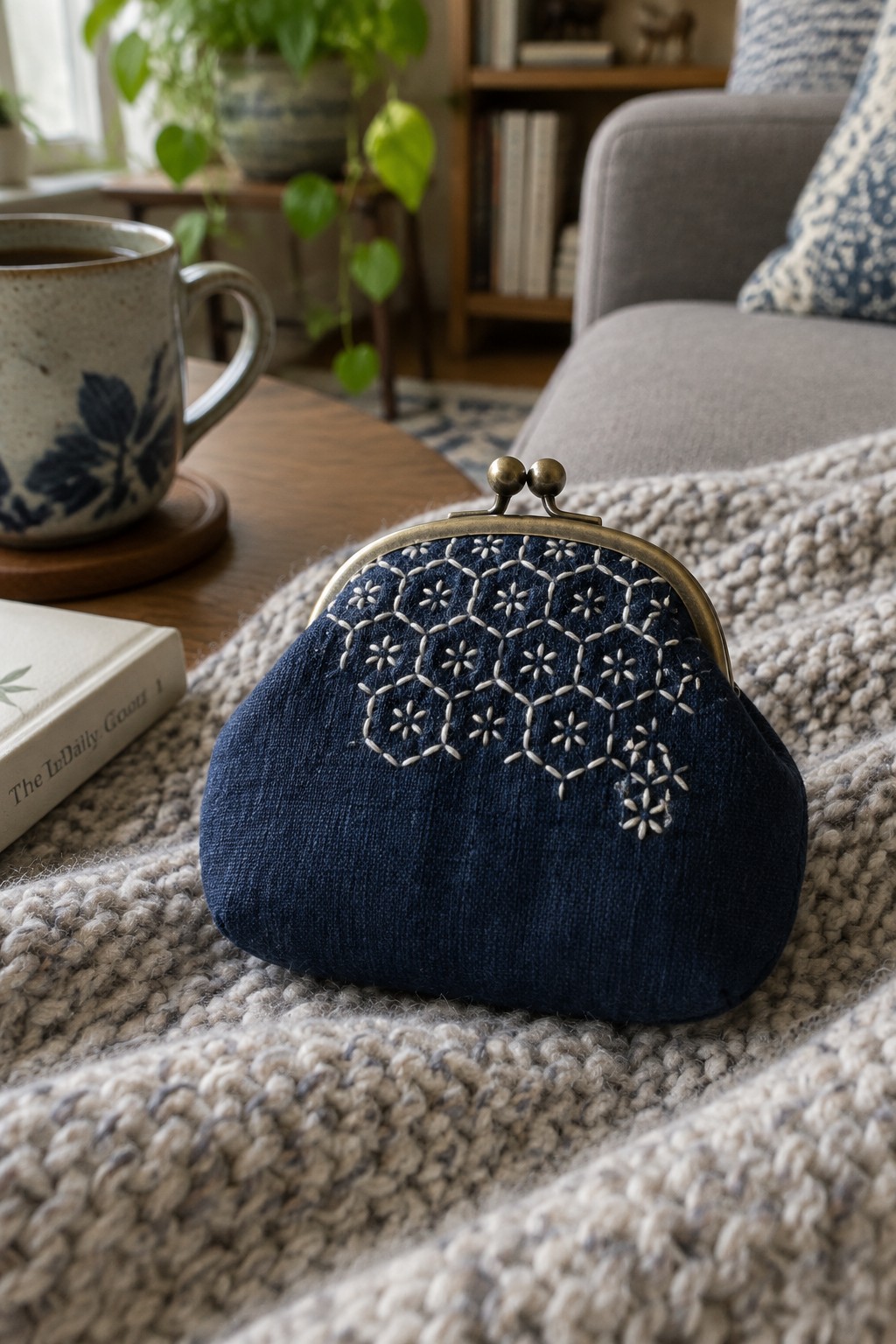 A navy fabric coin purse with a brass clasp and white embroidered flower motifs rests on a chunky knit blanket.