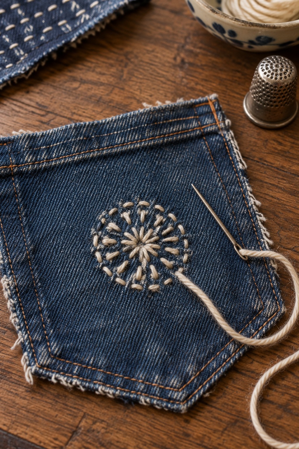 Cream thread forms a flower on a dark denim pocket beside a needle and thimble.
