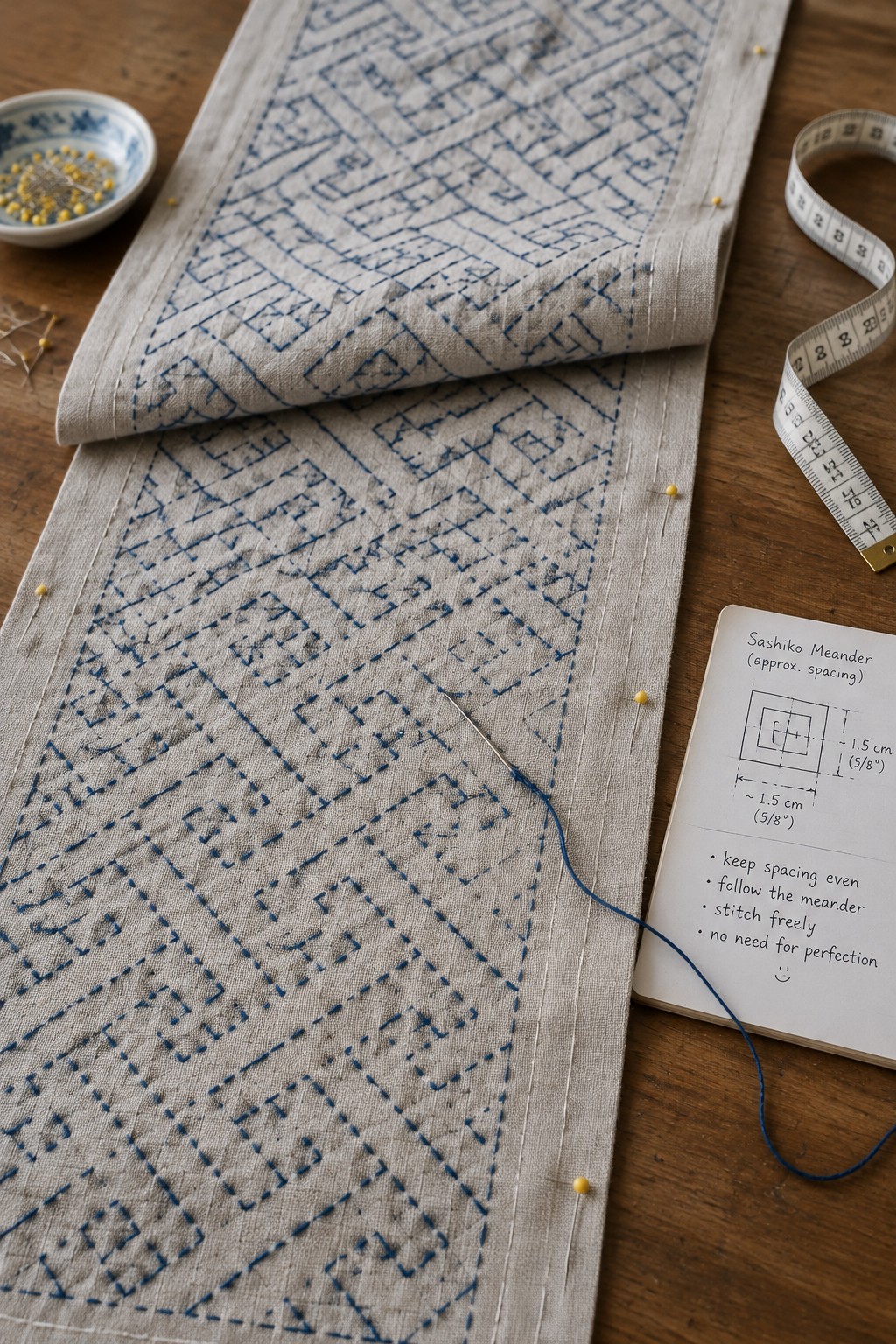 Blue geometric meander stitching covers a long light-colored fabric runner, with pins, sewing tools, and a spacing note nearby.