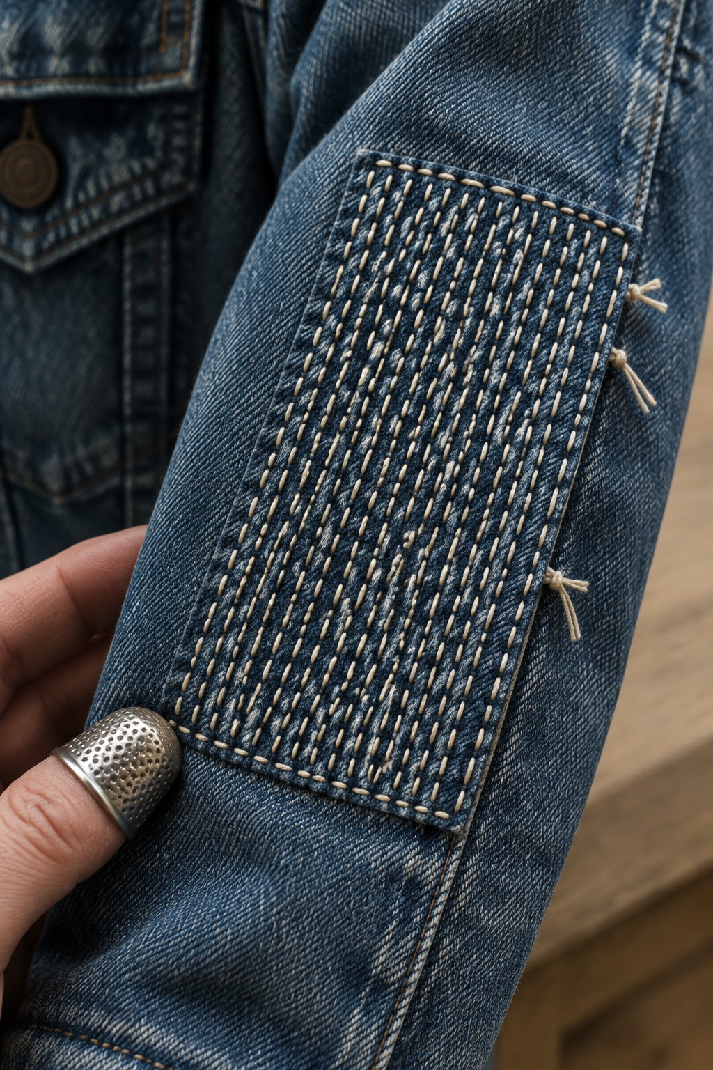 A cream-stitched rectangular sashiko patch on a blue denim jacket sleeve, held by a hand wearing a metal thimble.