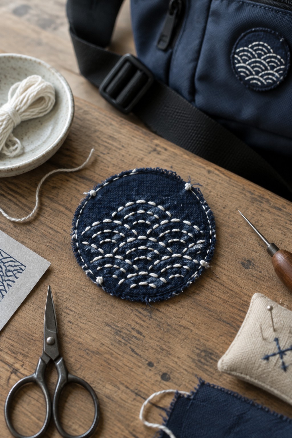 White wave-shaped stitches cover a round indigo fabric patch beside embroidery tools and a matching bag.