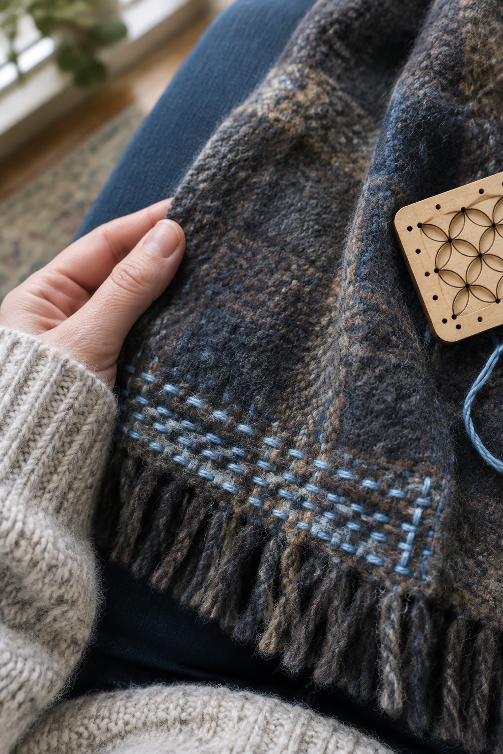 Pale blue rows of stitching decorate the fringed edge of a dark woven scarf.