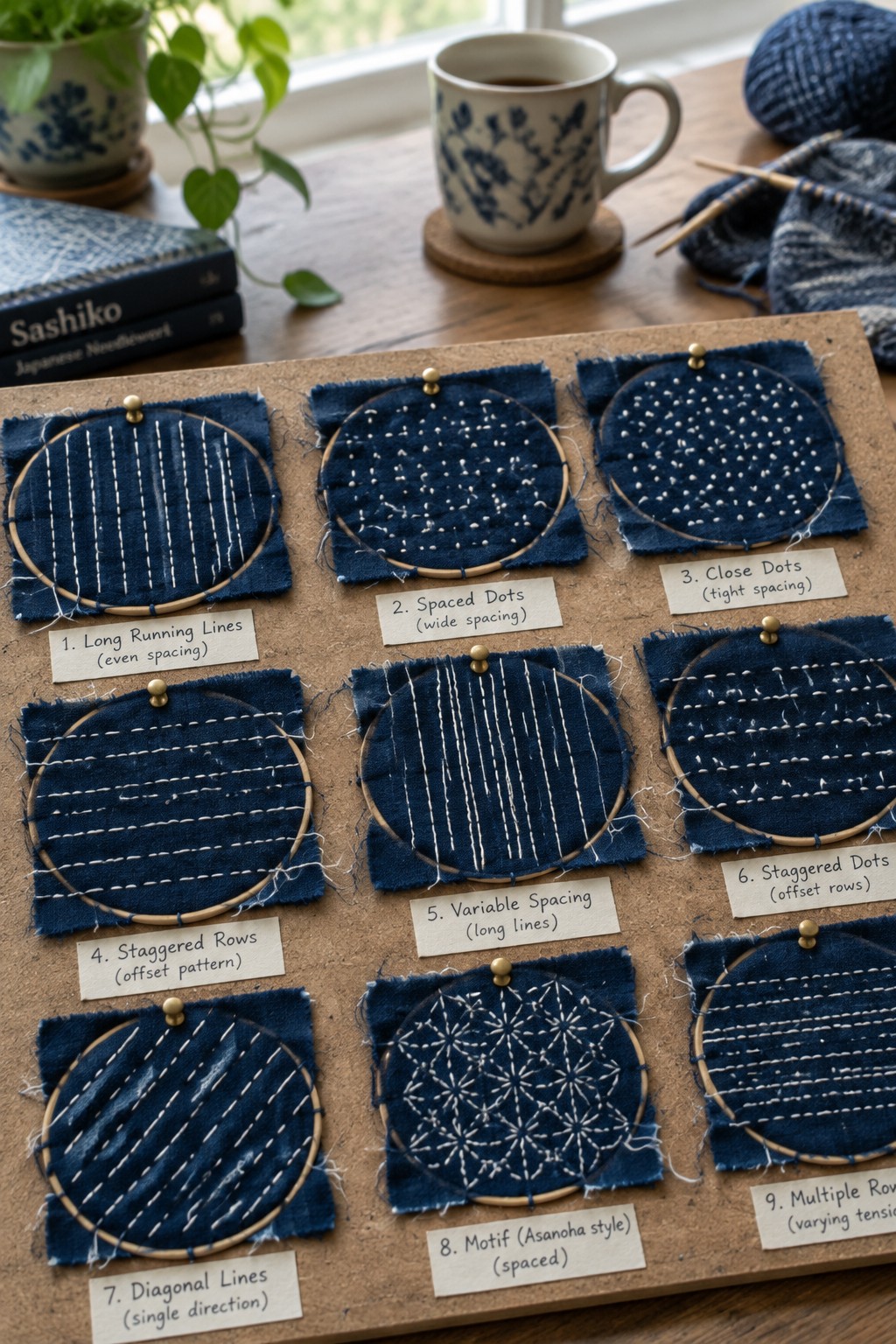 Indigo fabric squares with different white sashiko stitch patterns are pinned to a corkboard beside a mug and embroidery supplies.