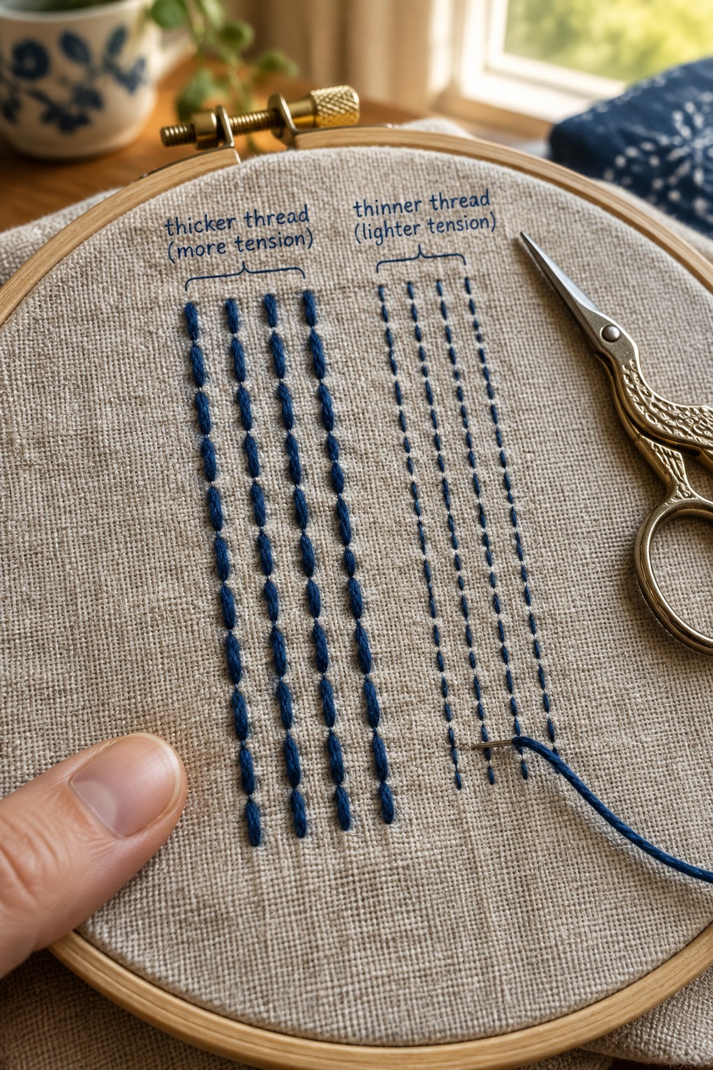Blue sashiko stitch rows in thicker and thinner thread are labeled on fabric stretched in an embroidery hoop.