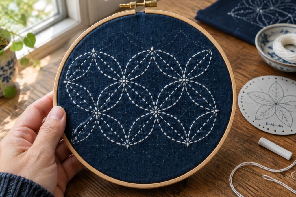 A hand holds a wooden embroidery hoop with a white geometric sashiko pattern stitched on dark blue fabric.