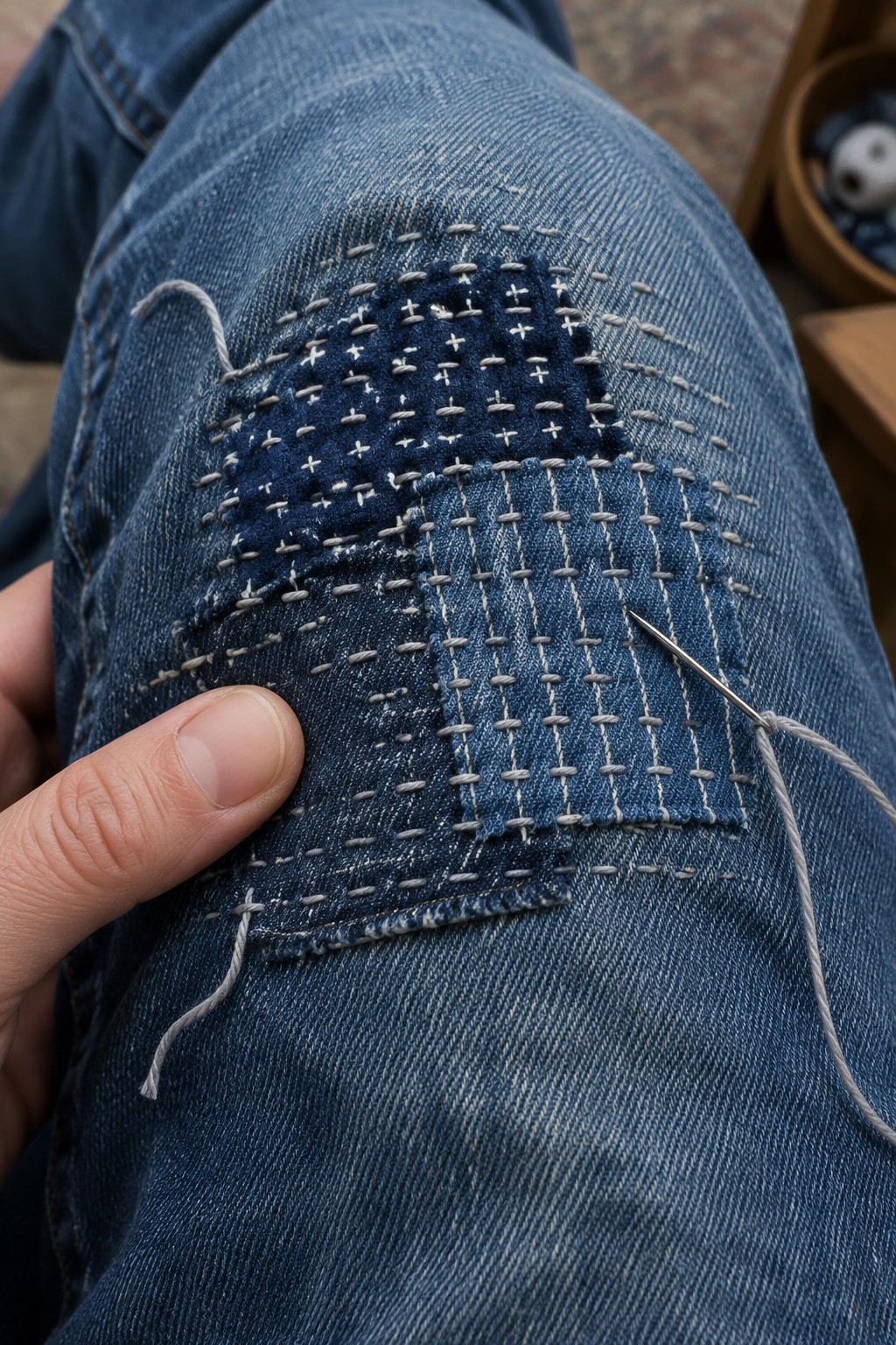 A person hand-stitches a dark sashiko patch onto blue jeans with light thread.