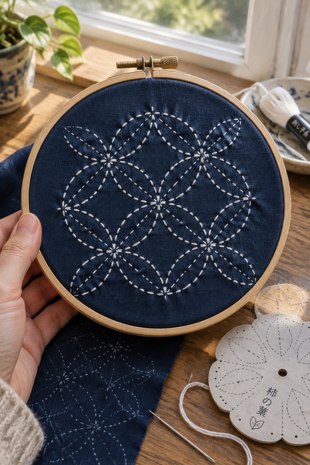 A hand holds a wooden embroidery hoop with a white geometric sashiko pattern stitched on dark blue fabric.