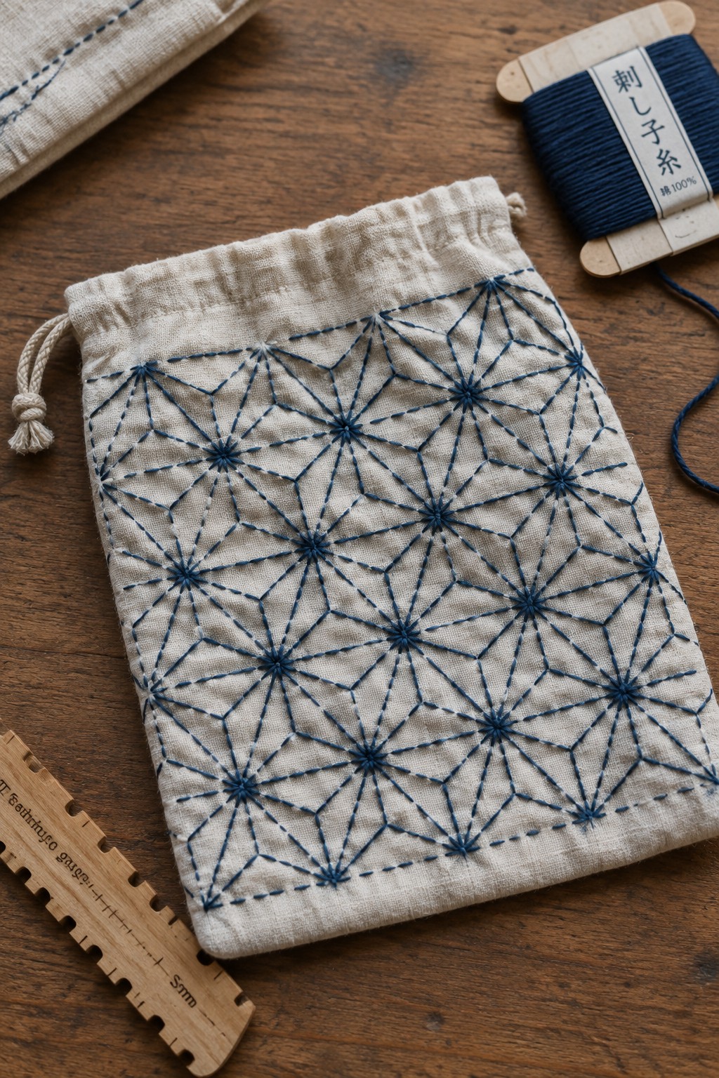 A light fabric drawstring pouch stitched with a repeating dark blue geometric star pattern rests on a wooden table beside a spool of blue thread and a ruler.