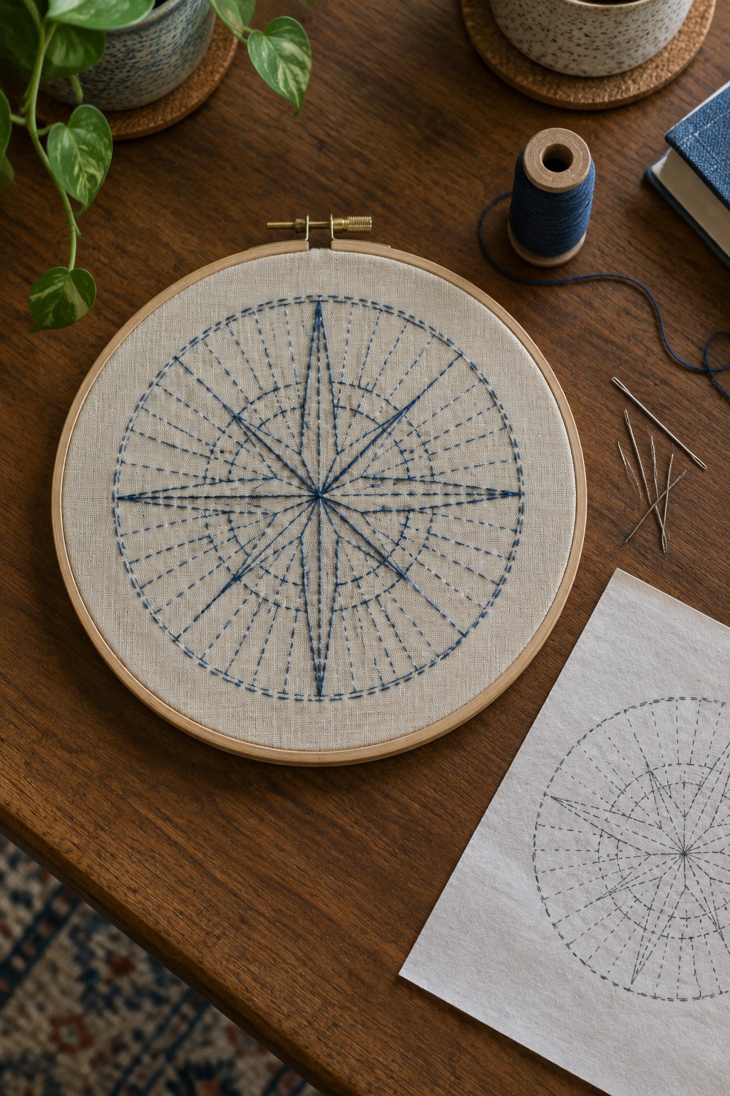 A blue stitched compass rose with circular guides fills a fabric held in an embroidery hoop on a wooden table.