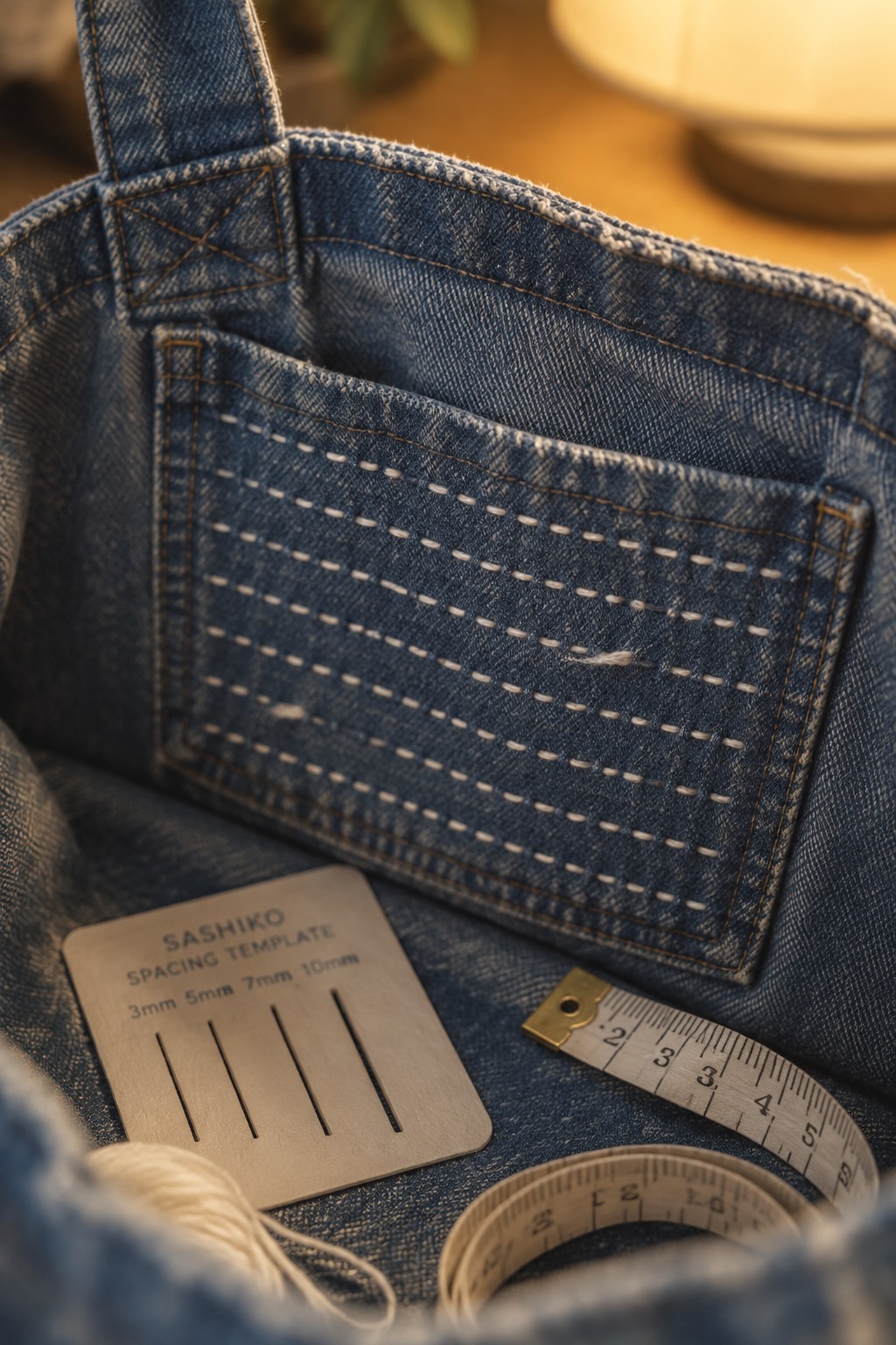 Close-up of a denim pocket with rows of pale sashiko stitching, a spacing guide, and a tape measure inside a denim bag.