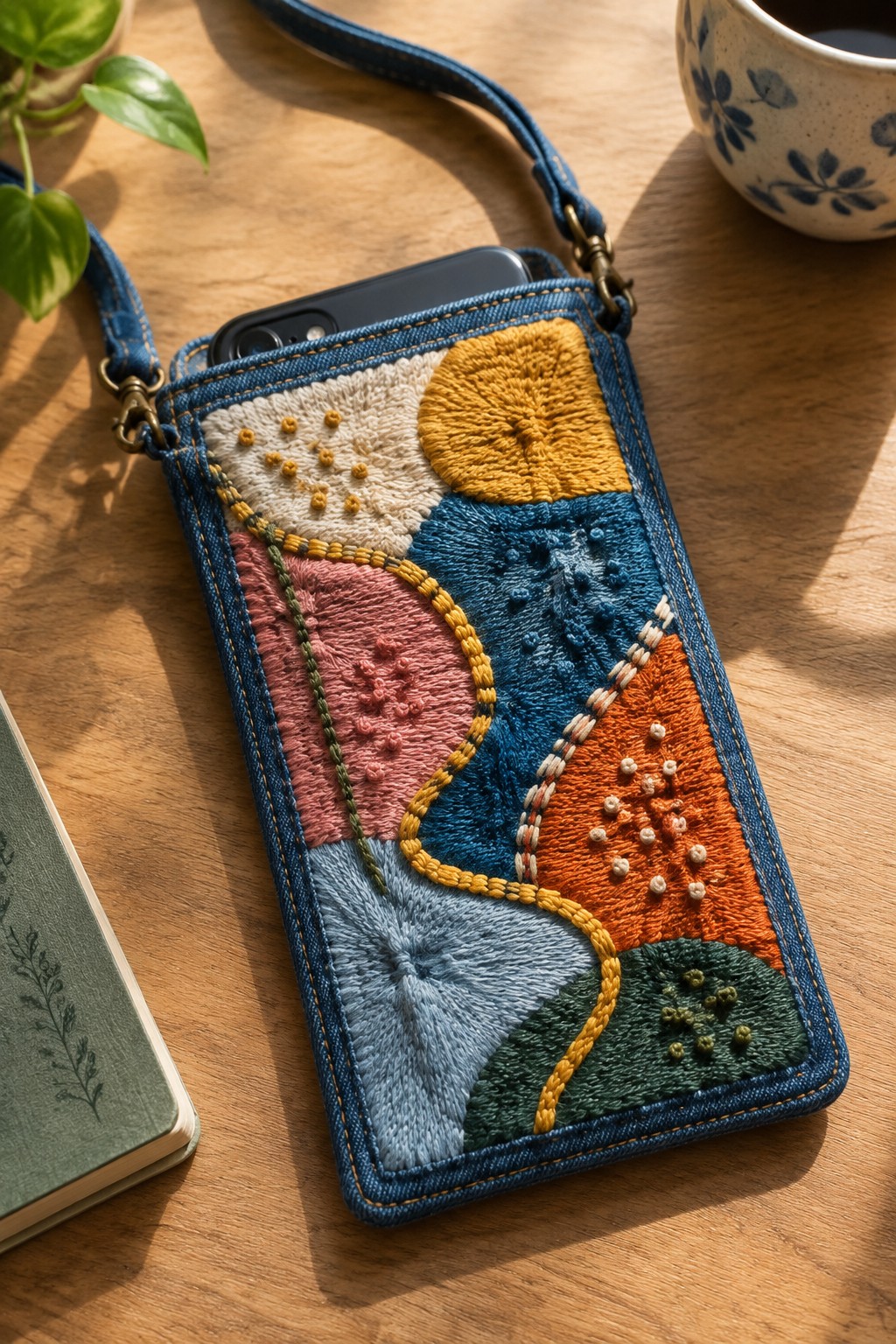 A denim phone bag with colorful embroidered sections and a winding stitched line rests on a wooden table.