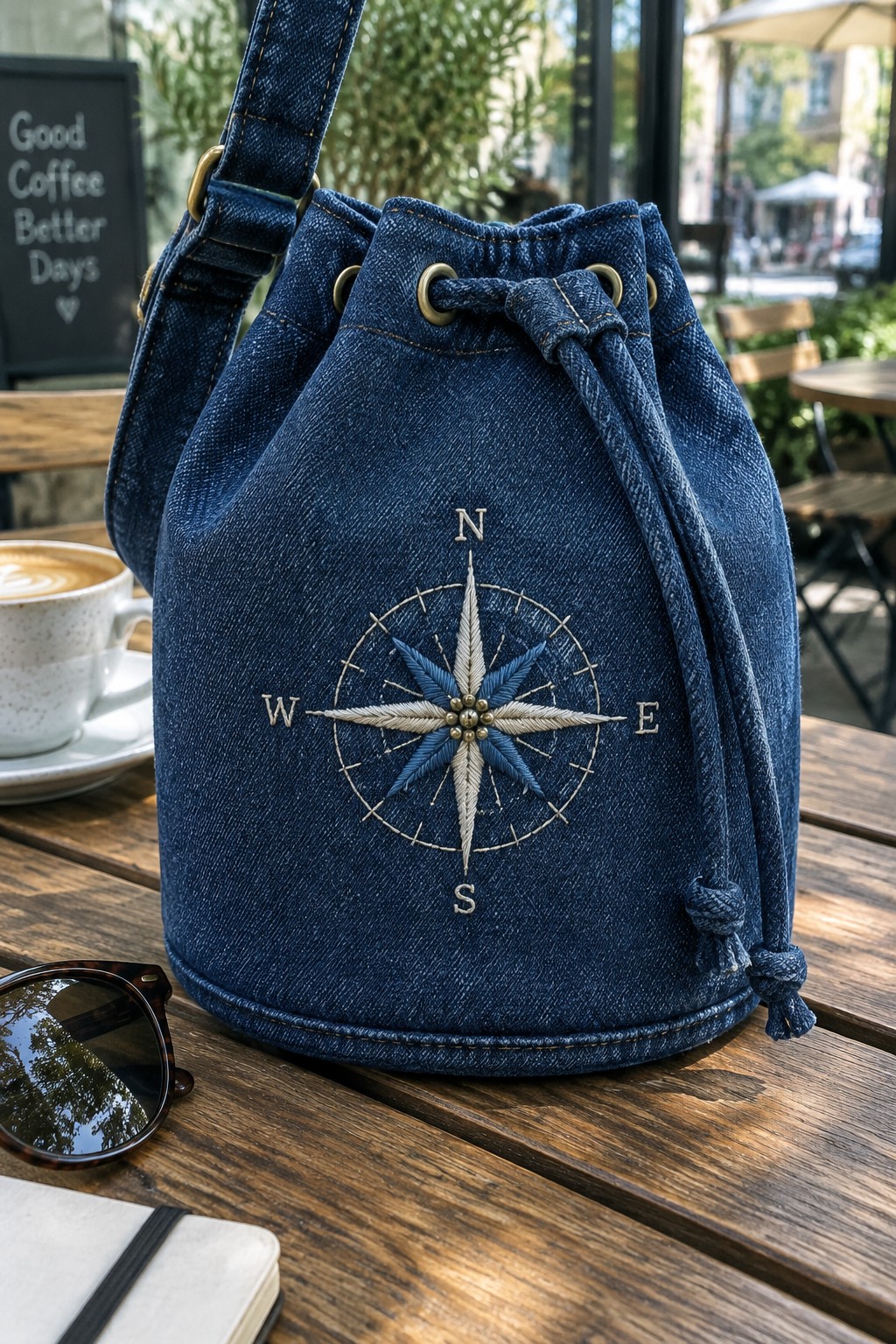 A blue denim drawstring bag embroidered with a cream and blue compass rose sits on a wooden café table beside a cup of coffee and sunglasses.