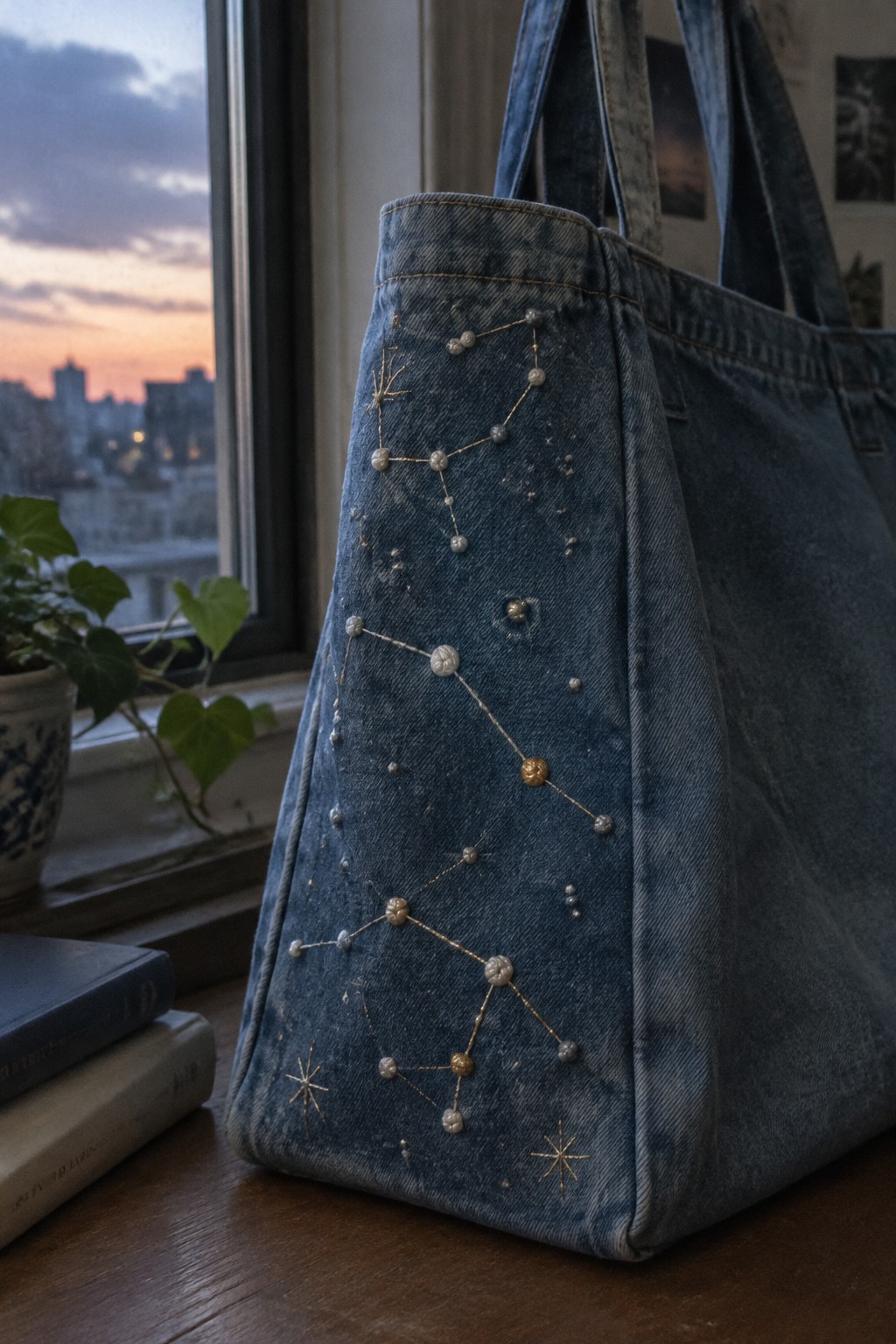 A blue denim tote with gold and pale constellation embroidery on its front panel sits beside a window.
