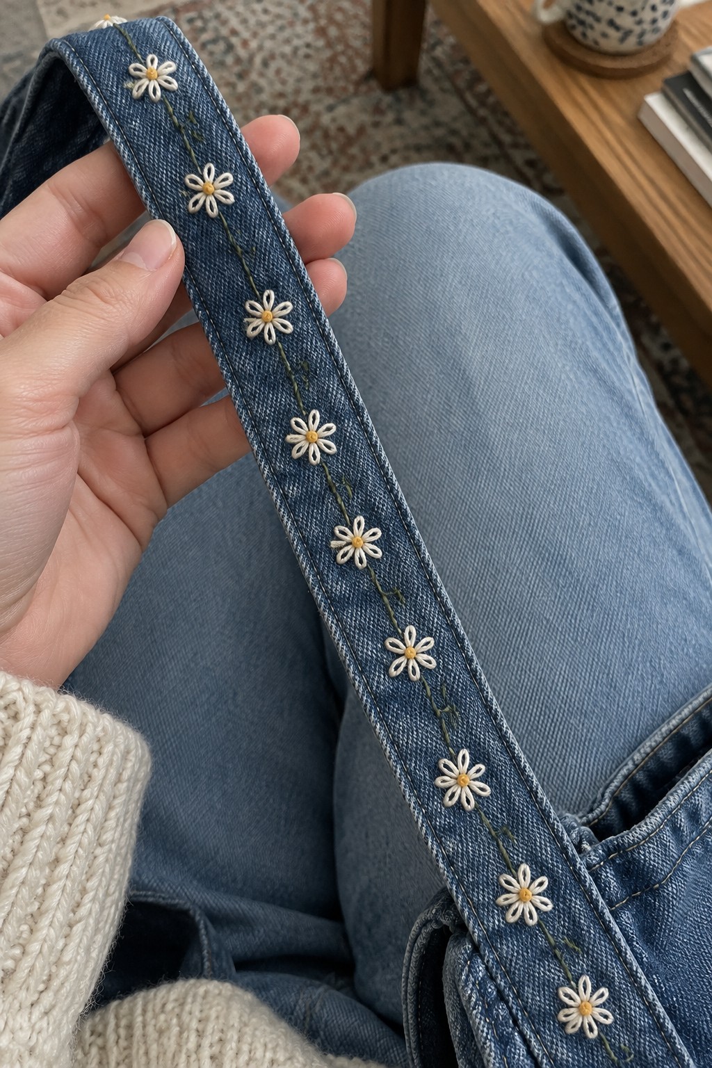 A hand holds a denim bag strap embroidered with a line of white daisies and green stems.