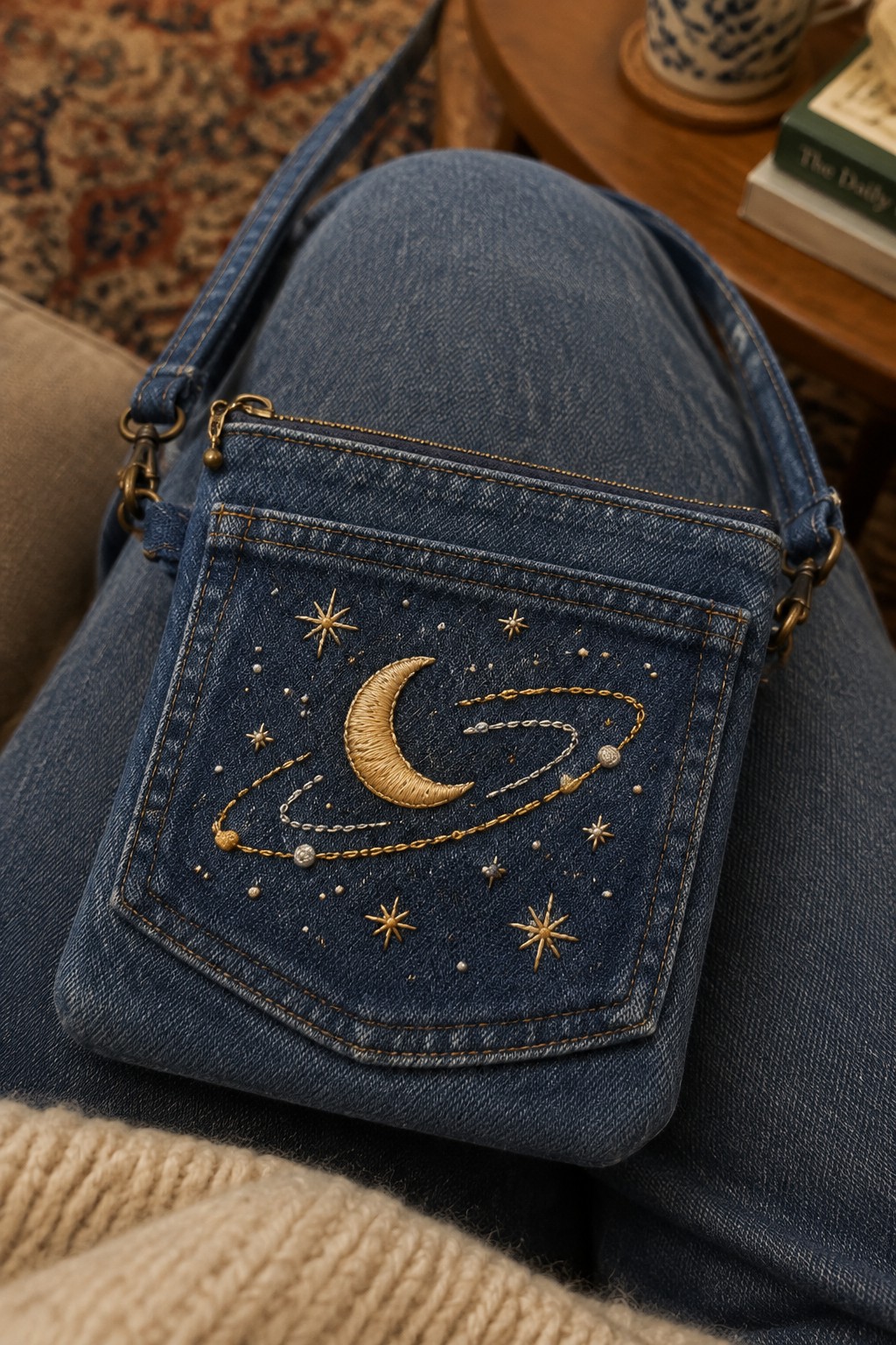 A dark denim crossbody bag with gold celestial embroidery on its front pocket rests on someone’s lap.
