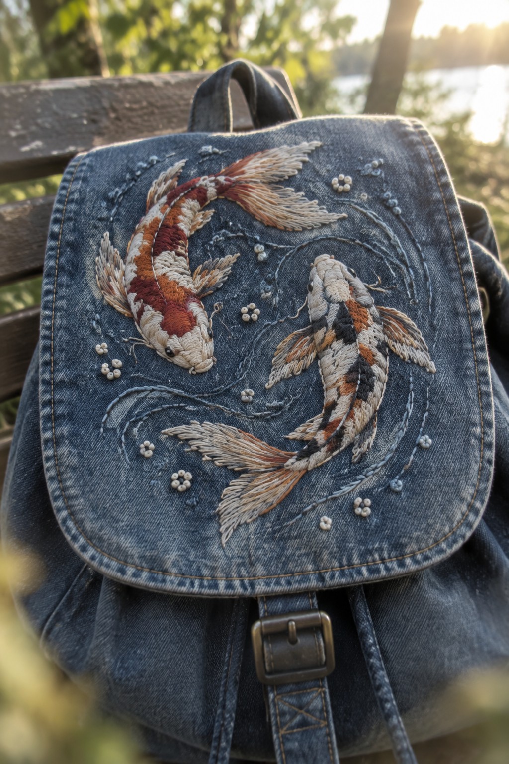 Denim backpack with two embroidered koi fish and small bead-like accents on the front flap.