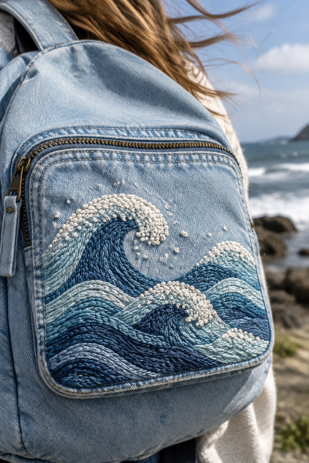 A denim backpack with layered blue embroidered waves and white foam on its front pocket, worn beside the ocean.