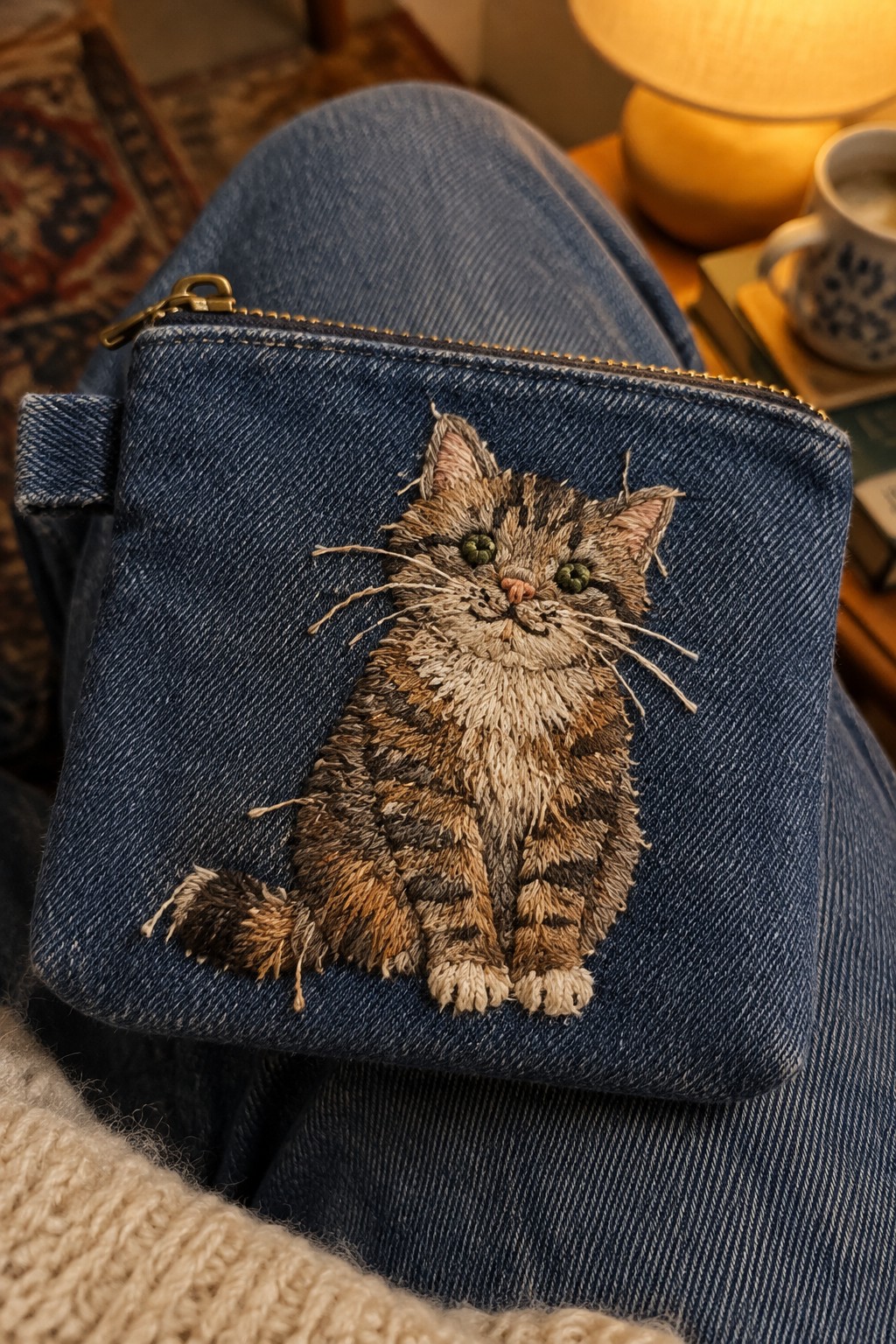 A brown and cream embroidered tabby cat decorates the front of a blue denim zipper pouch resting on jeans.