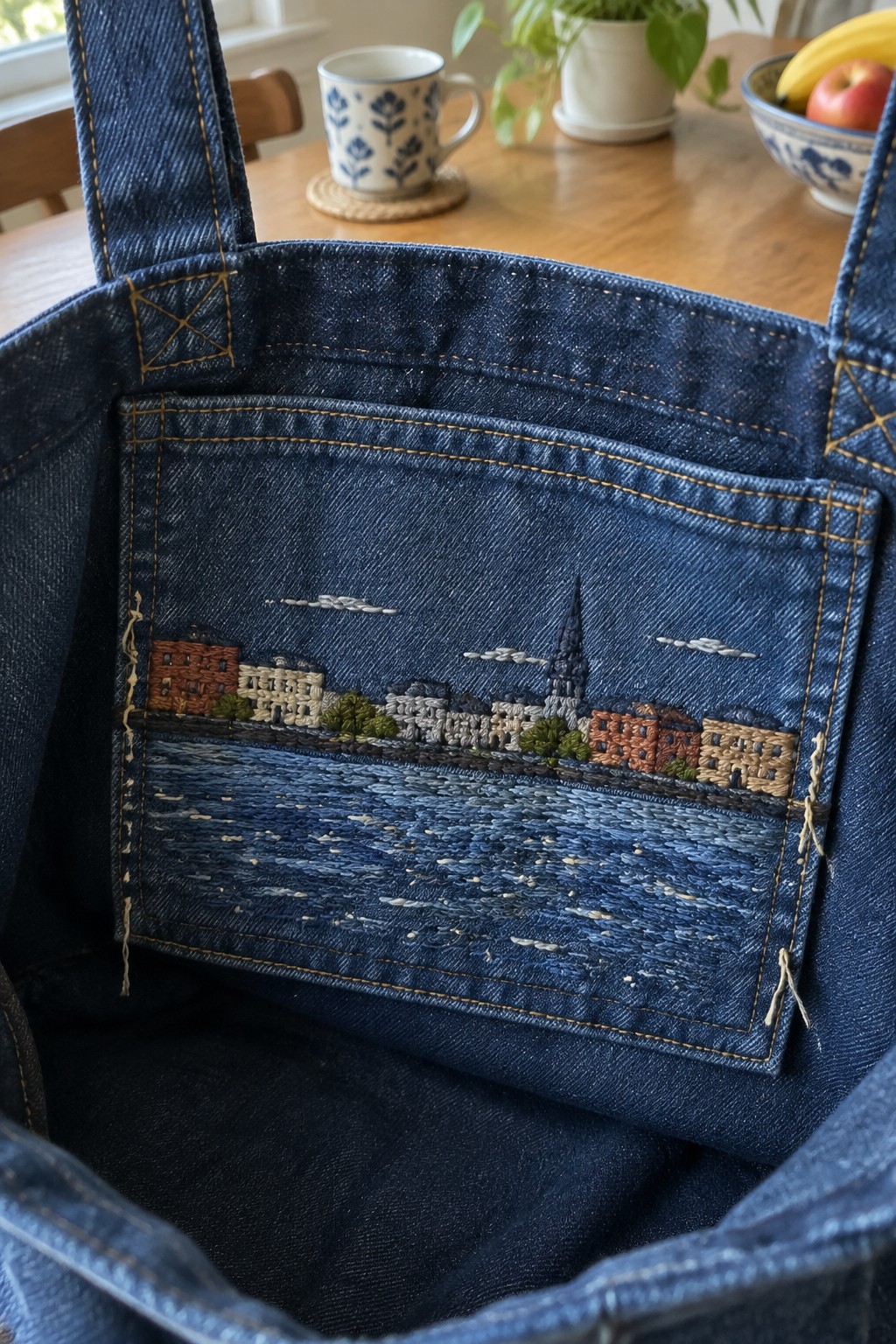 An open denim tote with a stitched waterfront skyline and blue water embroidered on its front pocket.