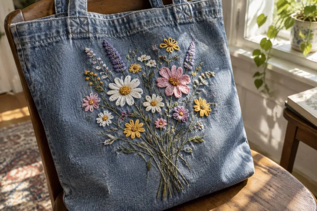A blue denim tote bag embroidered with a colorful wildflower bouquet hangs over a wooden chair.