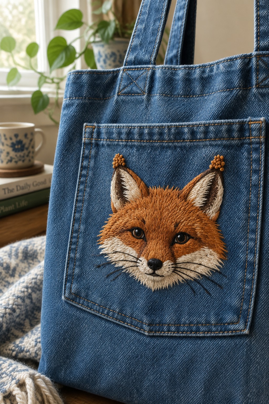 A denim tote with a large embroidered fox face on its front pocket.