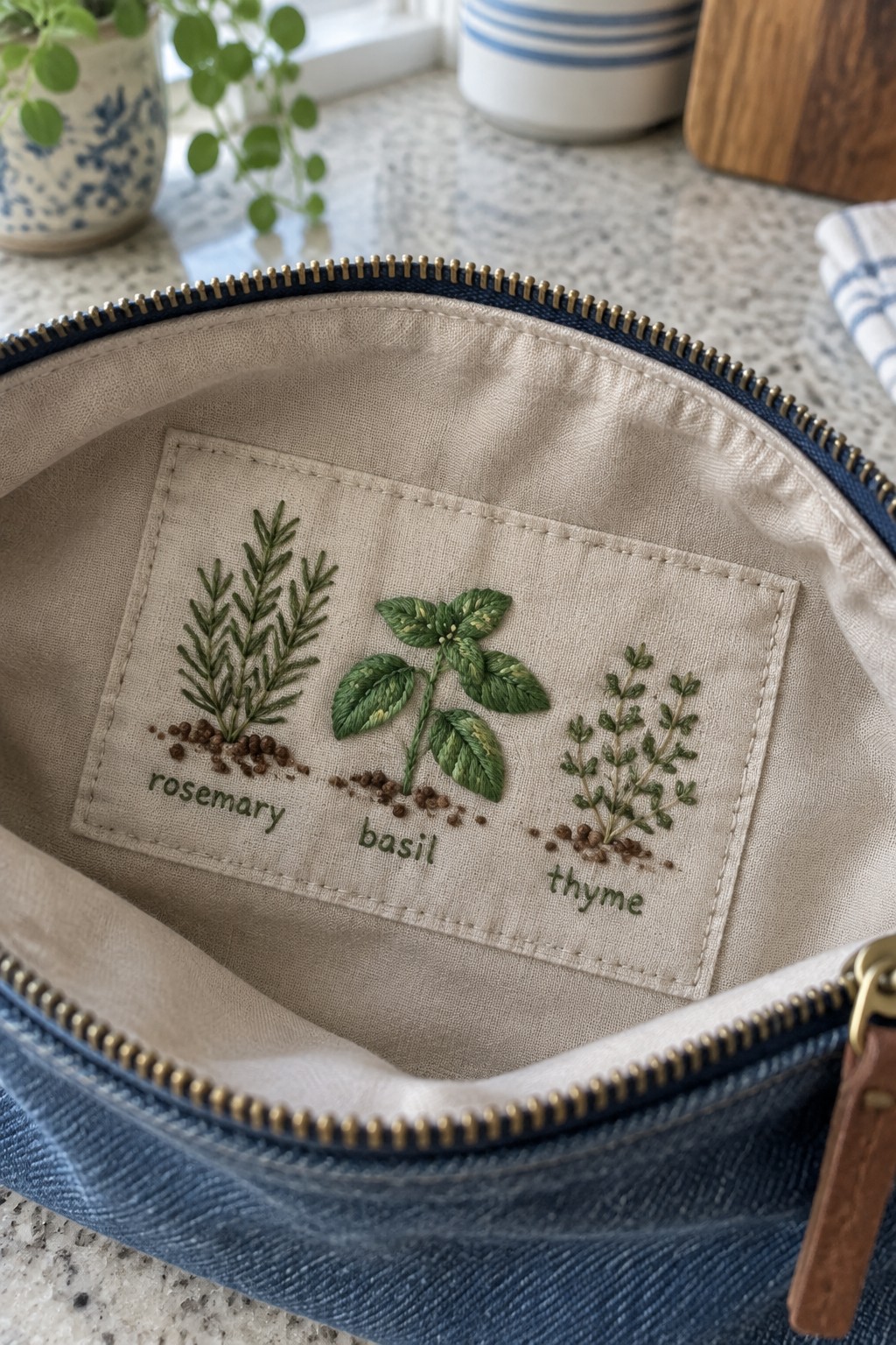 A denim bag is open to show a beige lining pocket embroidered with rosemary, basil, and thyme sprigs and labels.