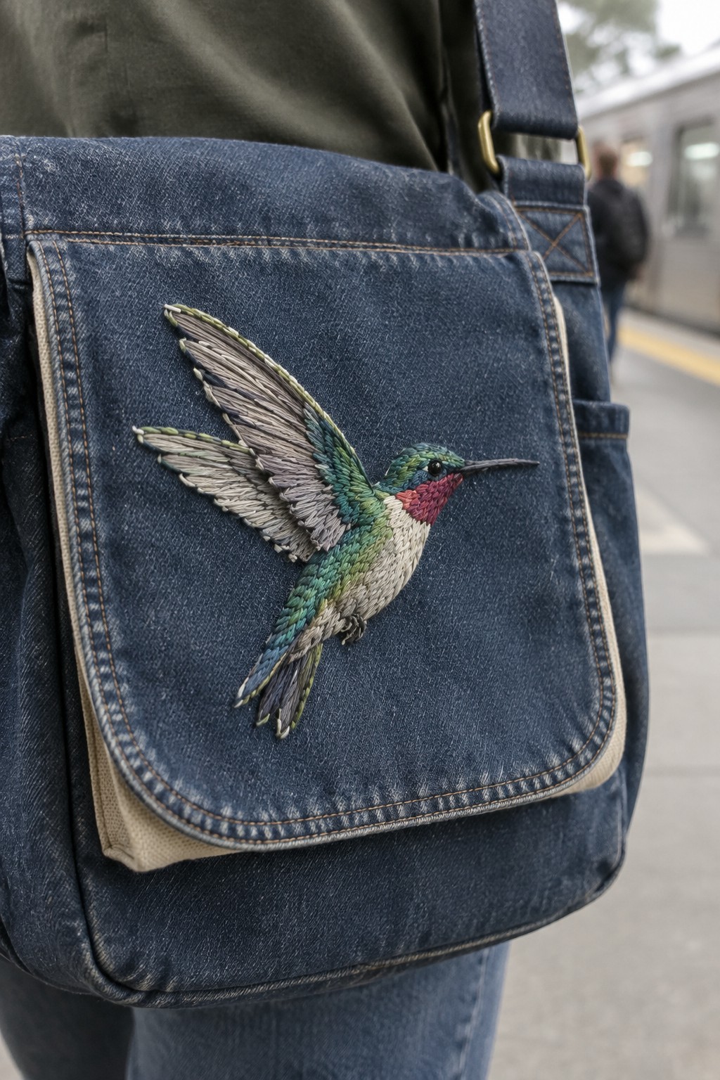 A denim messenger bag with a colorful embroidered hummingbird on its front flap.