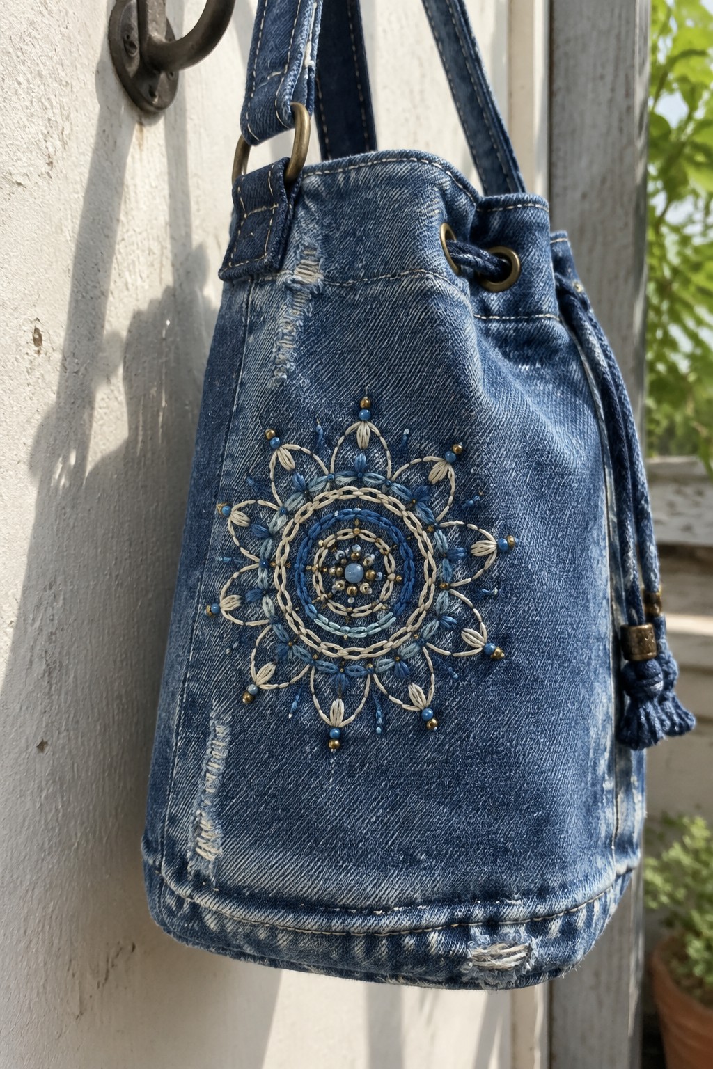 A blue denim drawstring bag with a blue, cream, and beaded mandala embroidered on the front hangs on a wall hook.