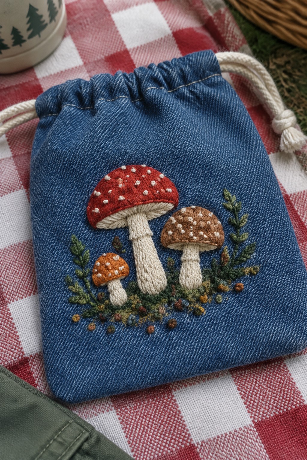 Blue denim drawstring bag embroidered with three mushrooms and small green plants.