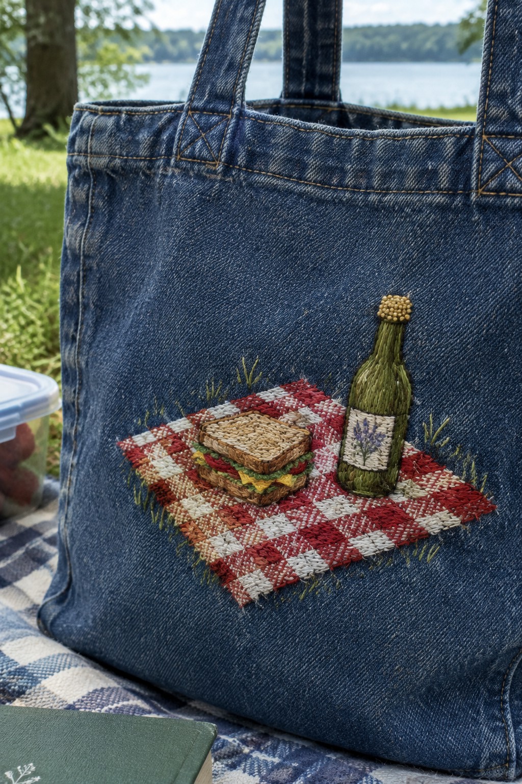 A denim tote embroidered with a red-and-cream picnic blanket, a sandwich, and a green bottle.