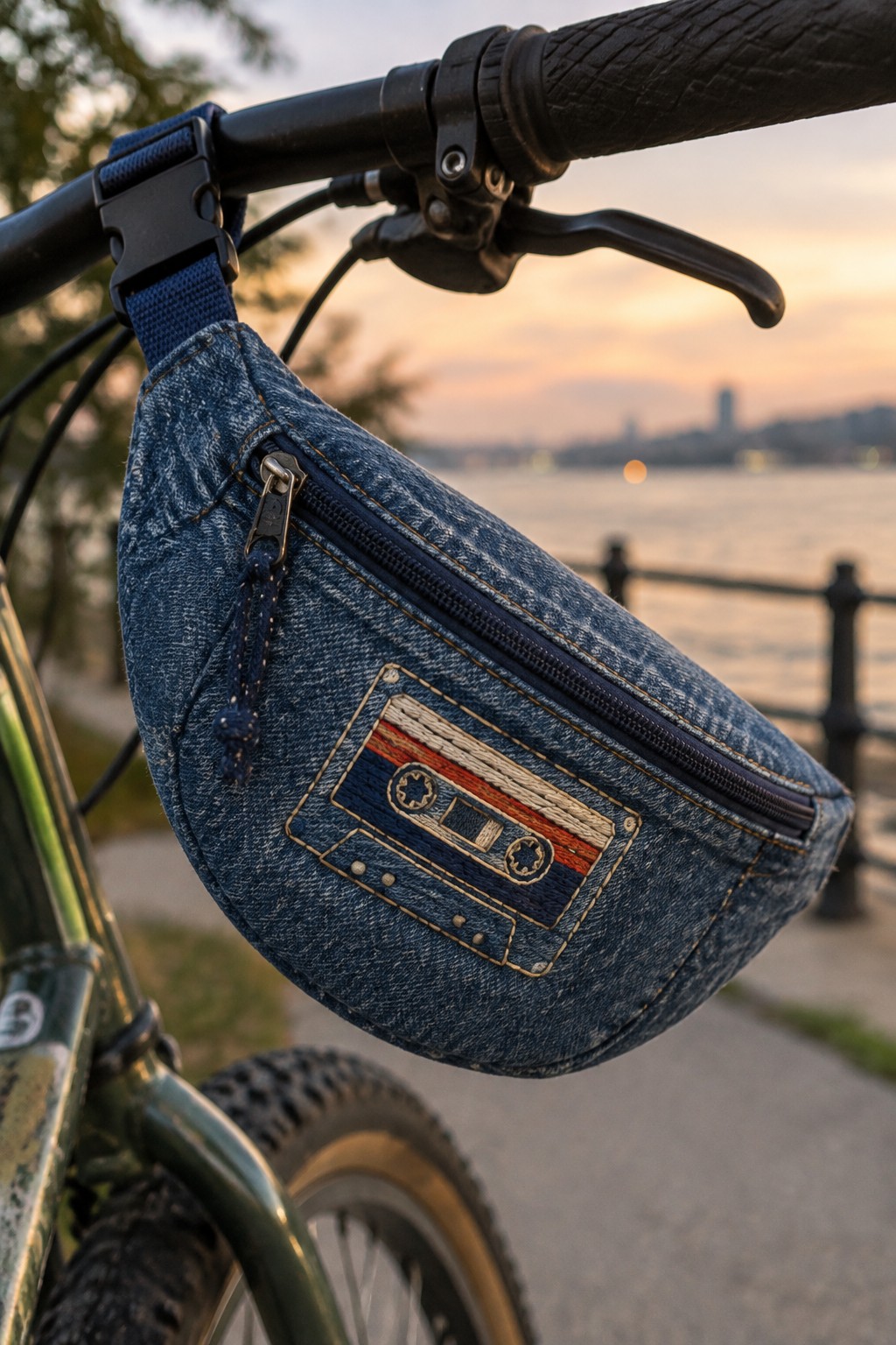 A denim bike bag with an embroidered cassette motif hangs from a bicycle handlebar beside a waterfront.