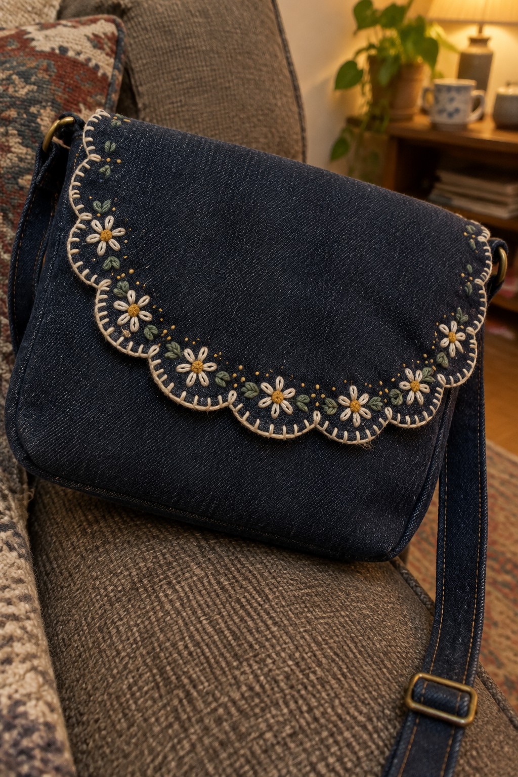 Dark denim crossbody bag with a scalloped flap embroidered with cream-edged flowers and green leaves.