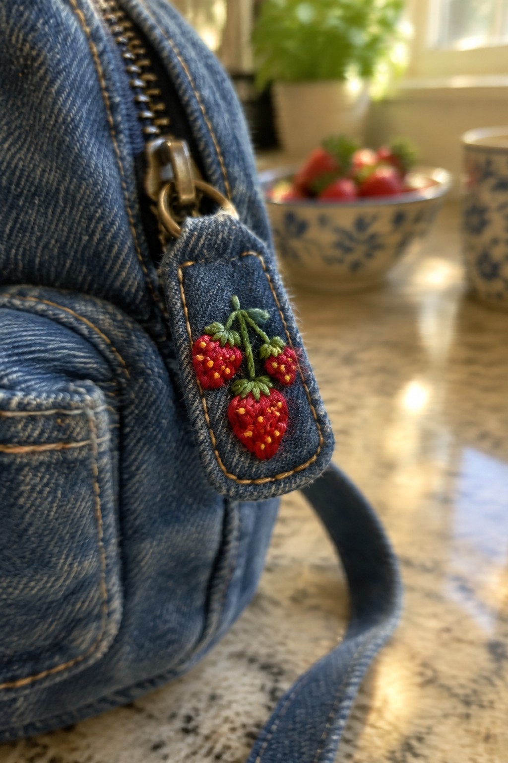 A denim bag with three embroidered strawberries on its zipper tab.