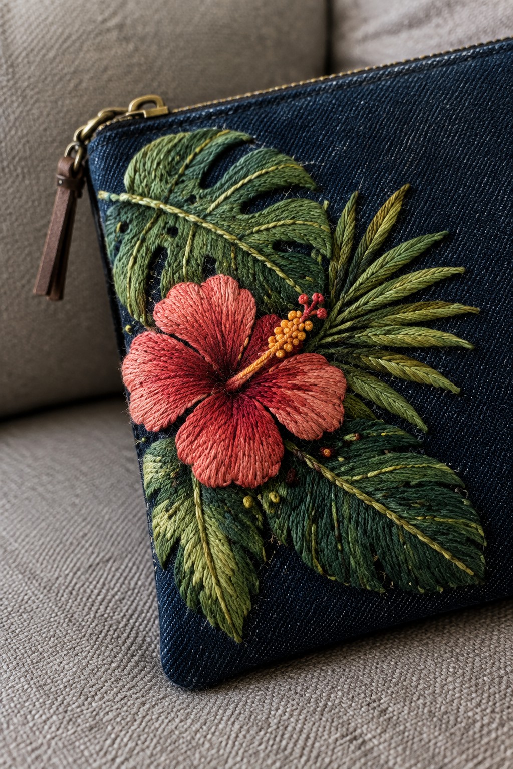 A dark denim zipper pouch embroidered with a coral hibiscus and green leaves.