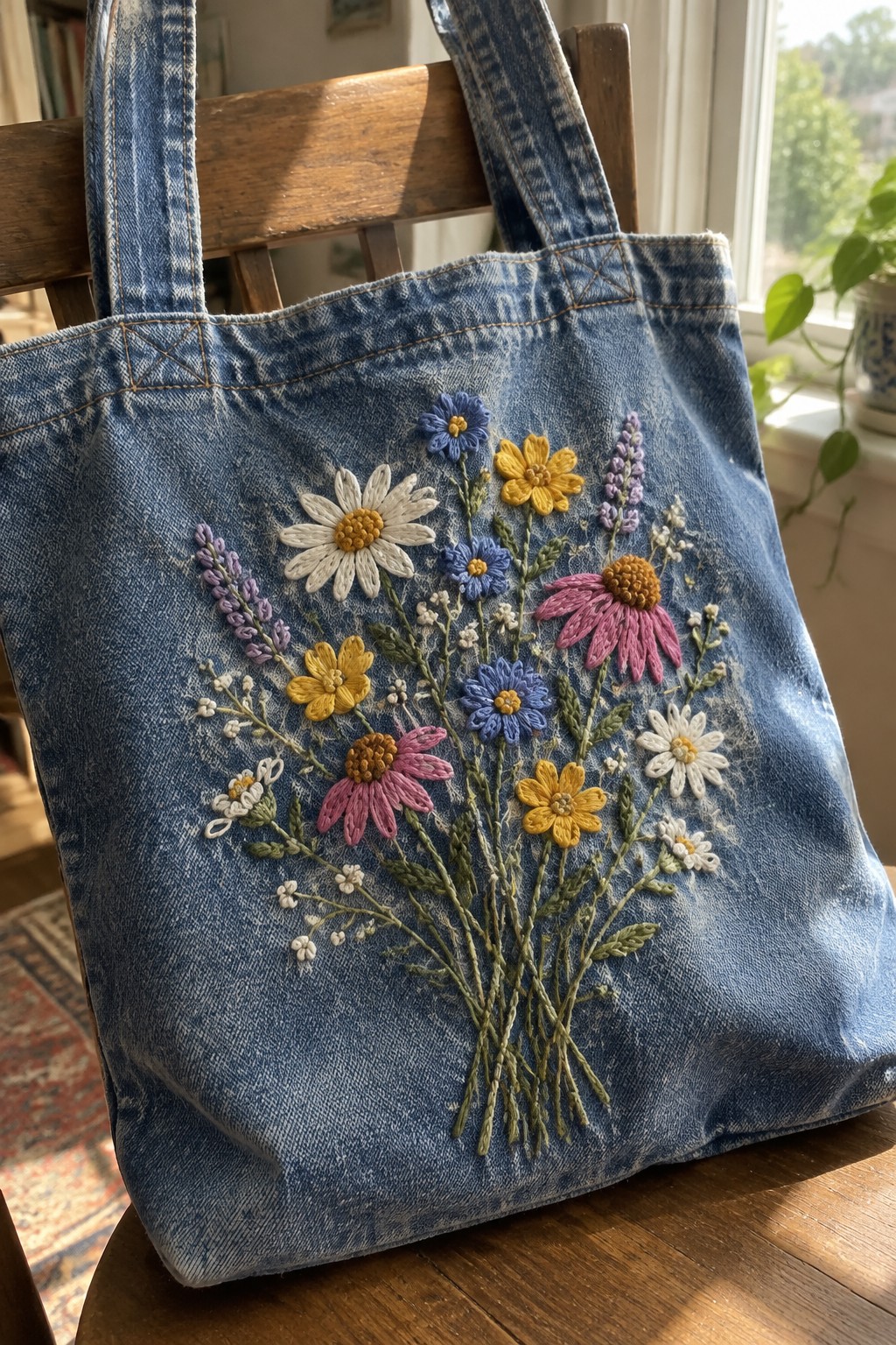 A blue denim tote bag embroidered with a colorful wildflower bouquet hangs over a wooden chair.